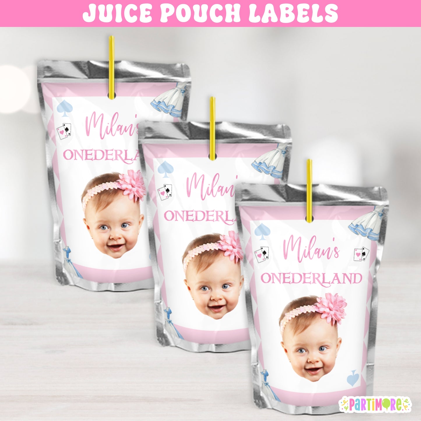 Custom Onderland Tea Party Juice Labels | Personalized Girls First Birthday Party Favor Stickers