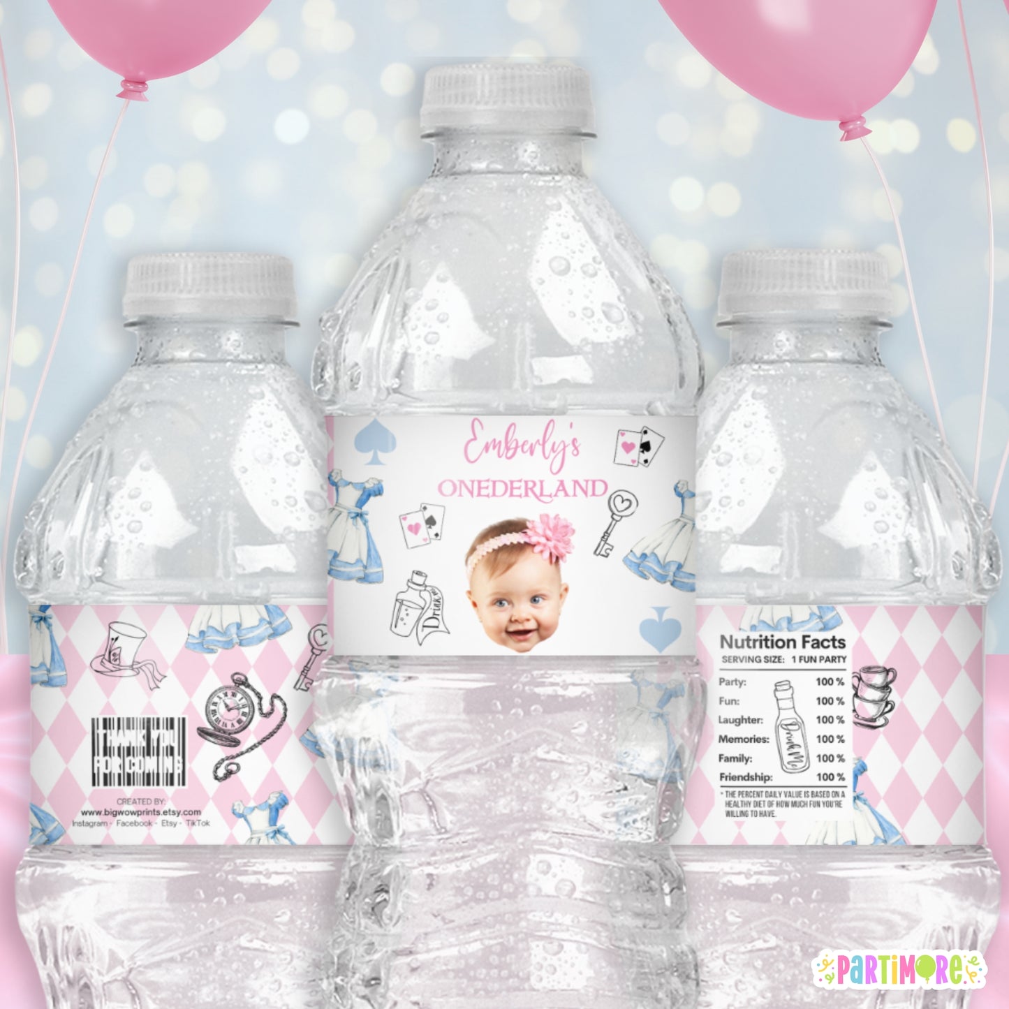 Alice Storybook Tea Party Water Bottle Labels | Personalized Onederland Party Stickers