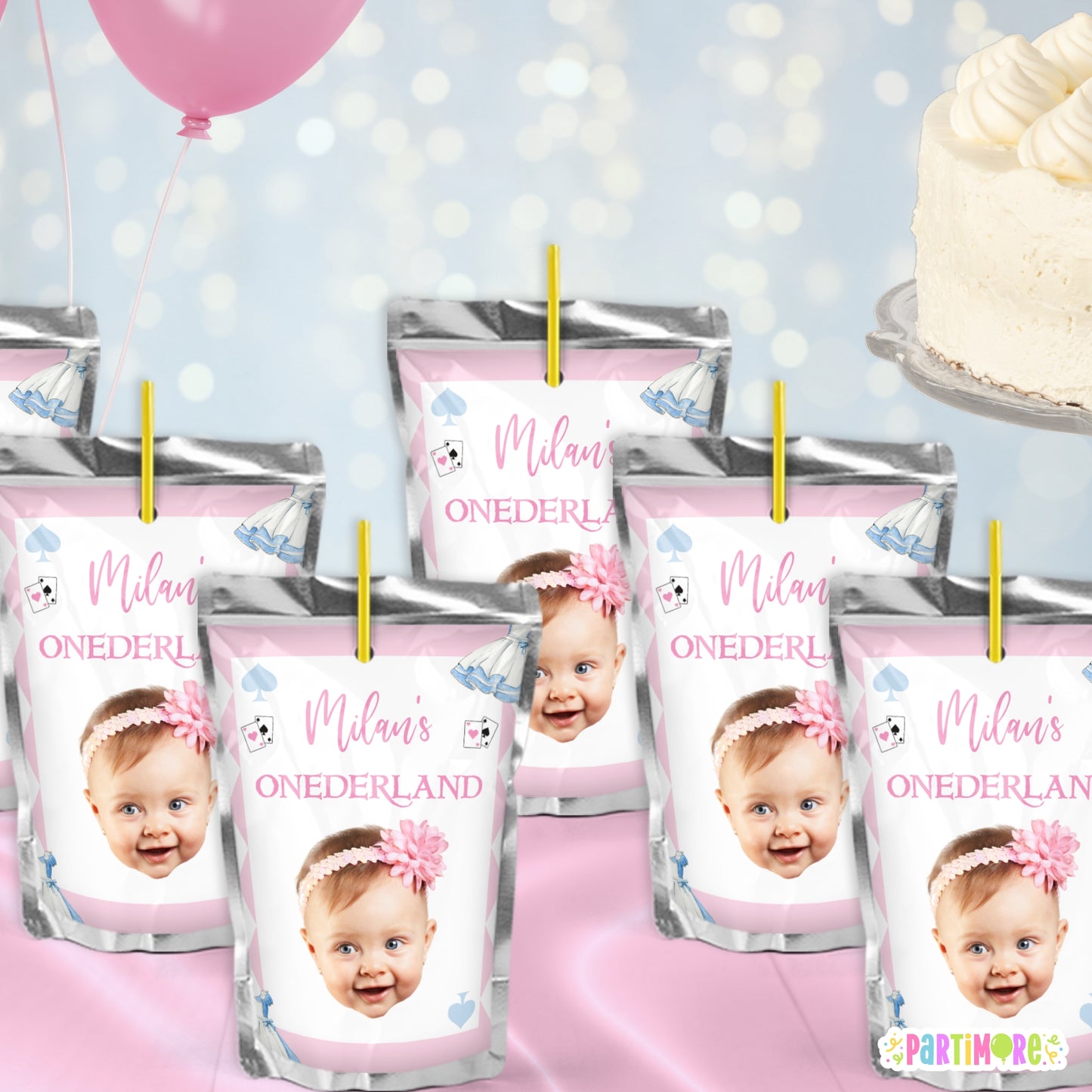 Custom Onderland Tea Party Juice Labels | Personalized Girls First Birthday Party Favor Stickers
