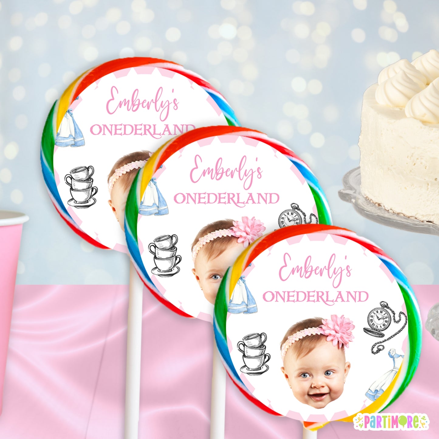 Personalized Alice Storybook Fairytale Lollipop Round Stickers | Custom Onederland Tea Party Favor Labels | Girls 1st Birthday Party Decor