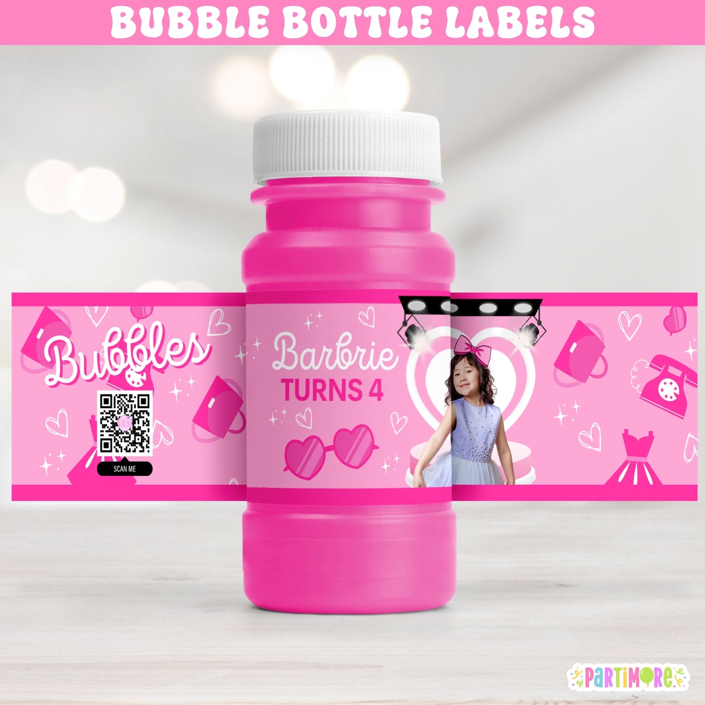 Personalized pink fashion doll bubble bottle labels for girl's birthday, doll-inspired glam party favors with name and age