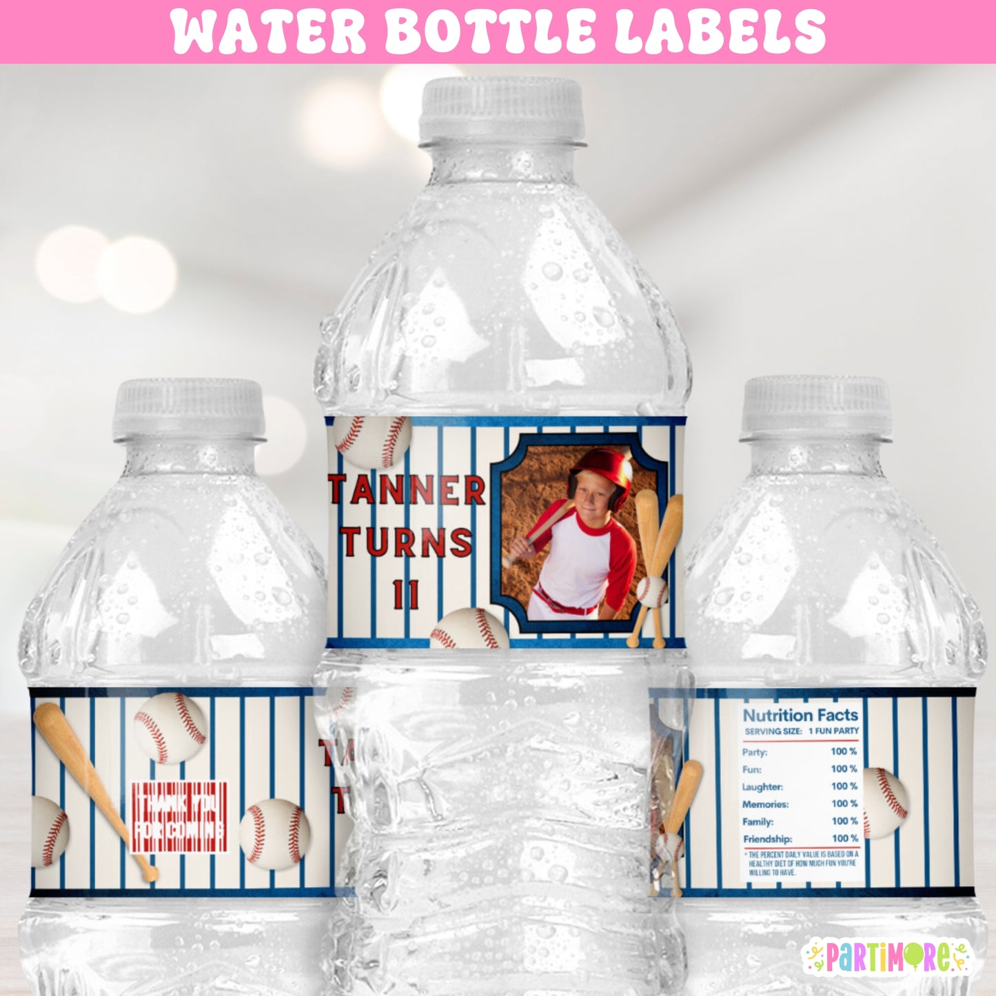 Personalized Baseball Water Bottle Labels | Custom Sports Birthday Party Favor Stickers