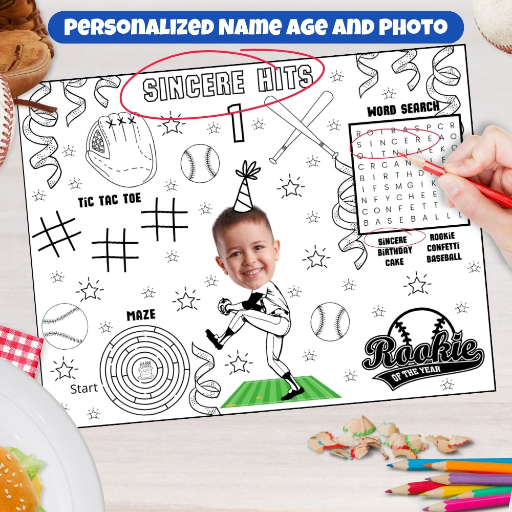 Personalized Baseball Coloring Placemat with Photo | Kids Baseball Birthday Party Activity - Set of 12