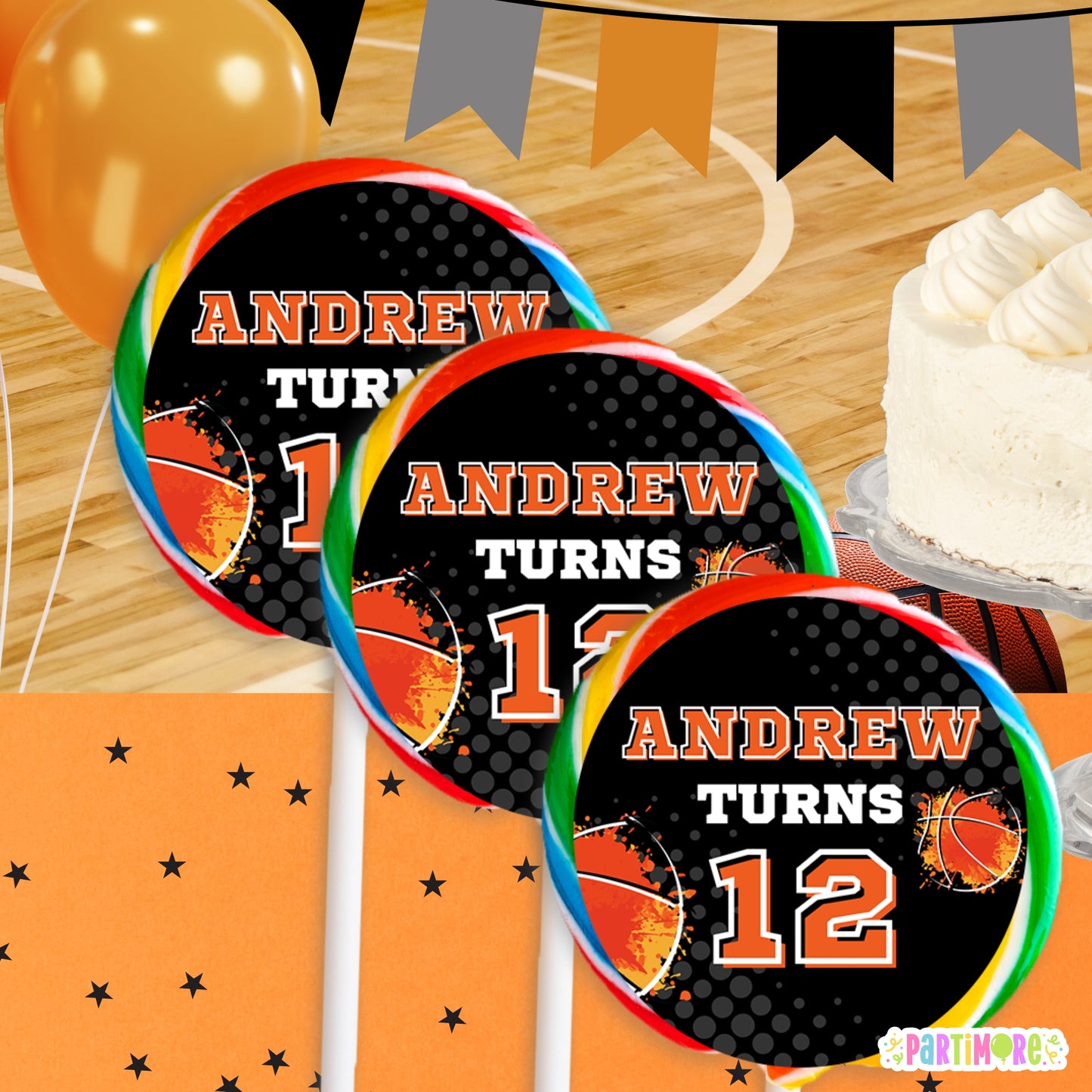 Custom Basketball Round Lollipop Sticker Labels | Sports Birthday Party Favor Decorations
