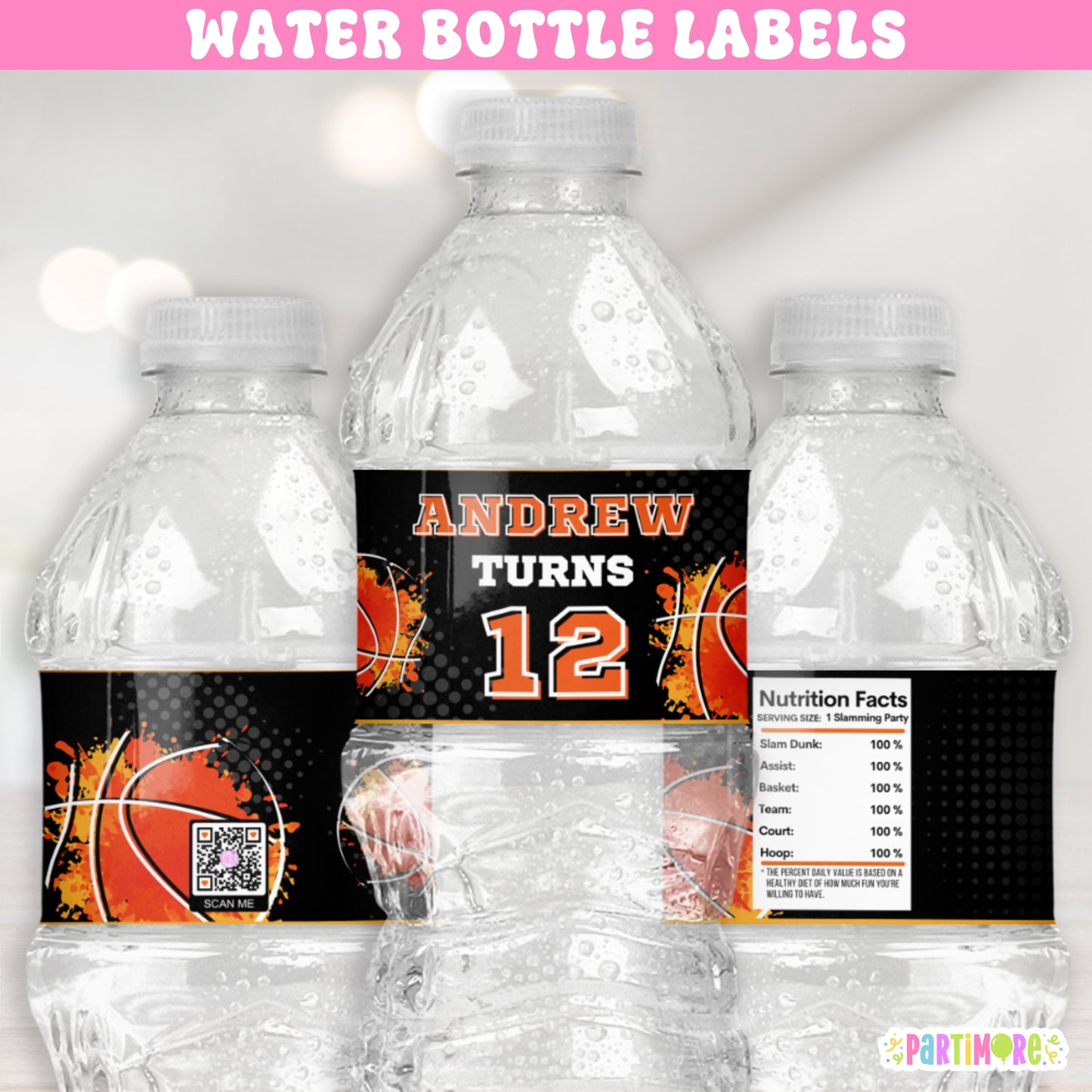 Basketball water bottle labels for 13th birthday parties, personalized sports-themed decorations for hoop birthday celebrations