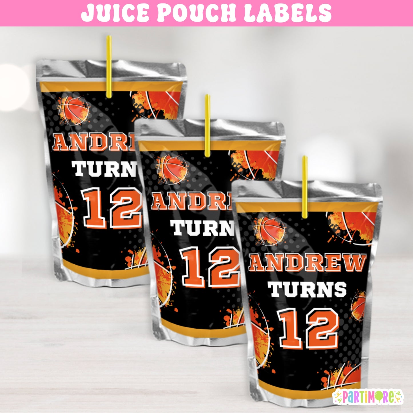 Custom basketball juice pouch labels for kids’ sports 15th birthday parties, perfect for hoop-themed decorations and basketball party drinks