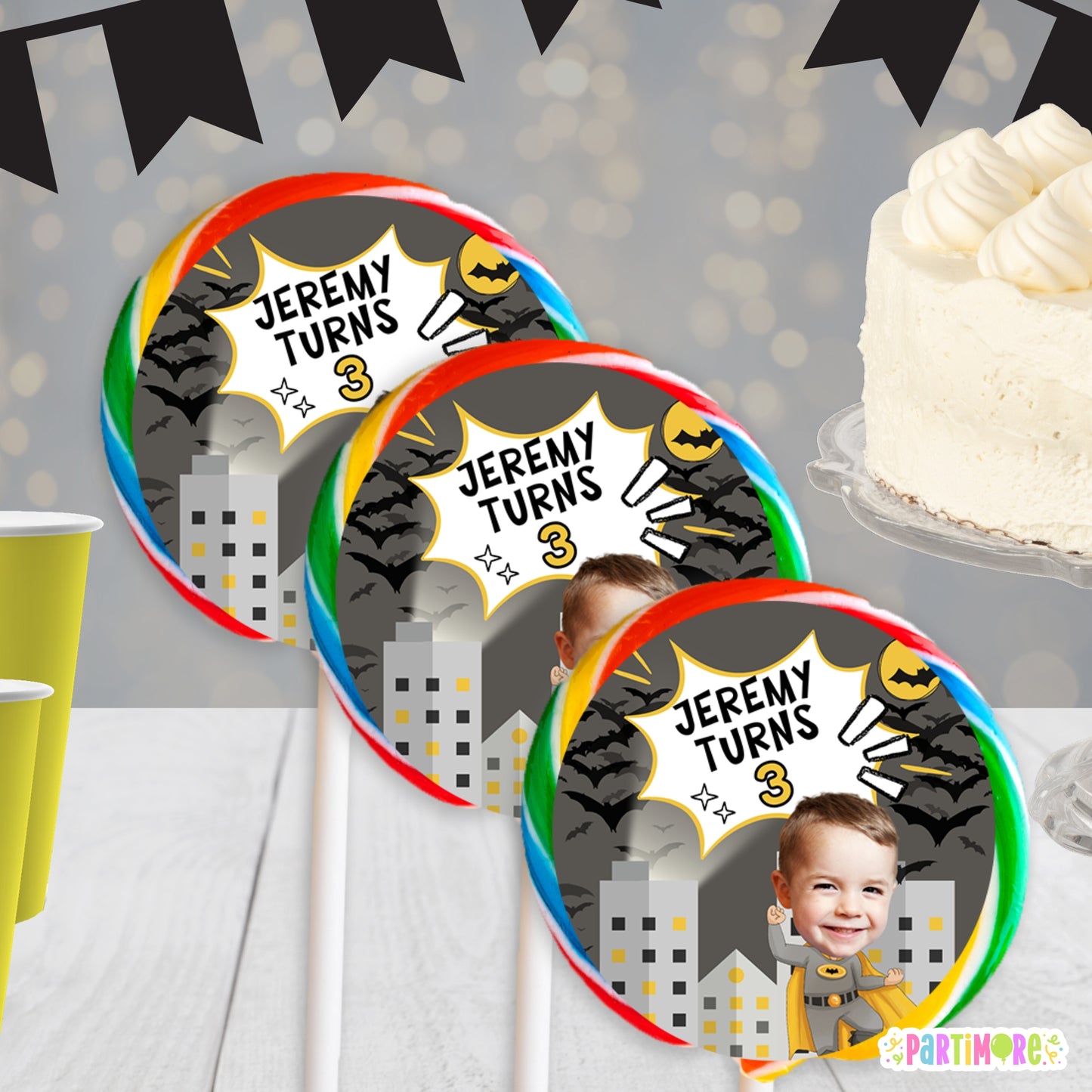 Bat Birthday Lollipop Labels | Custom Bat Superhero Party Favor Stickers