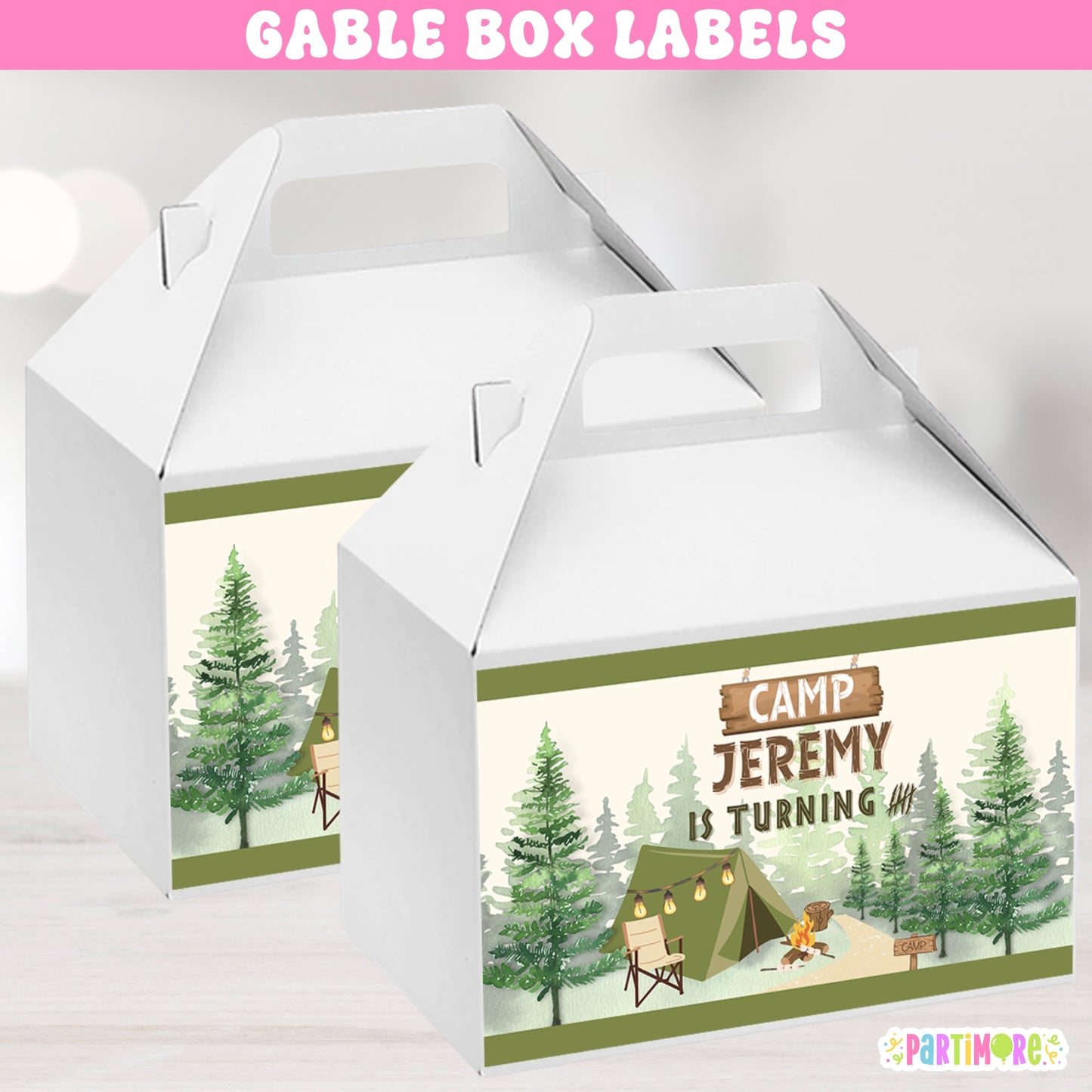 Personalized Camping Gable Box Stickers | One Happy Camper Birthday Party Favors