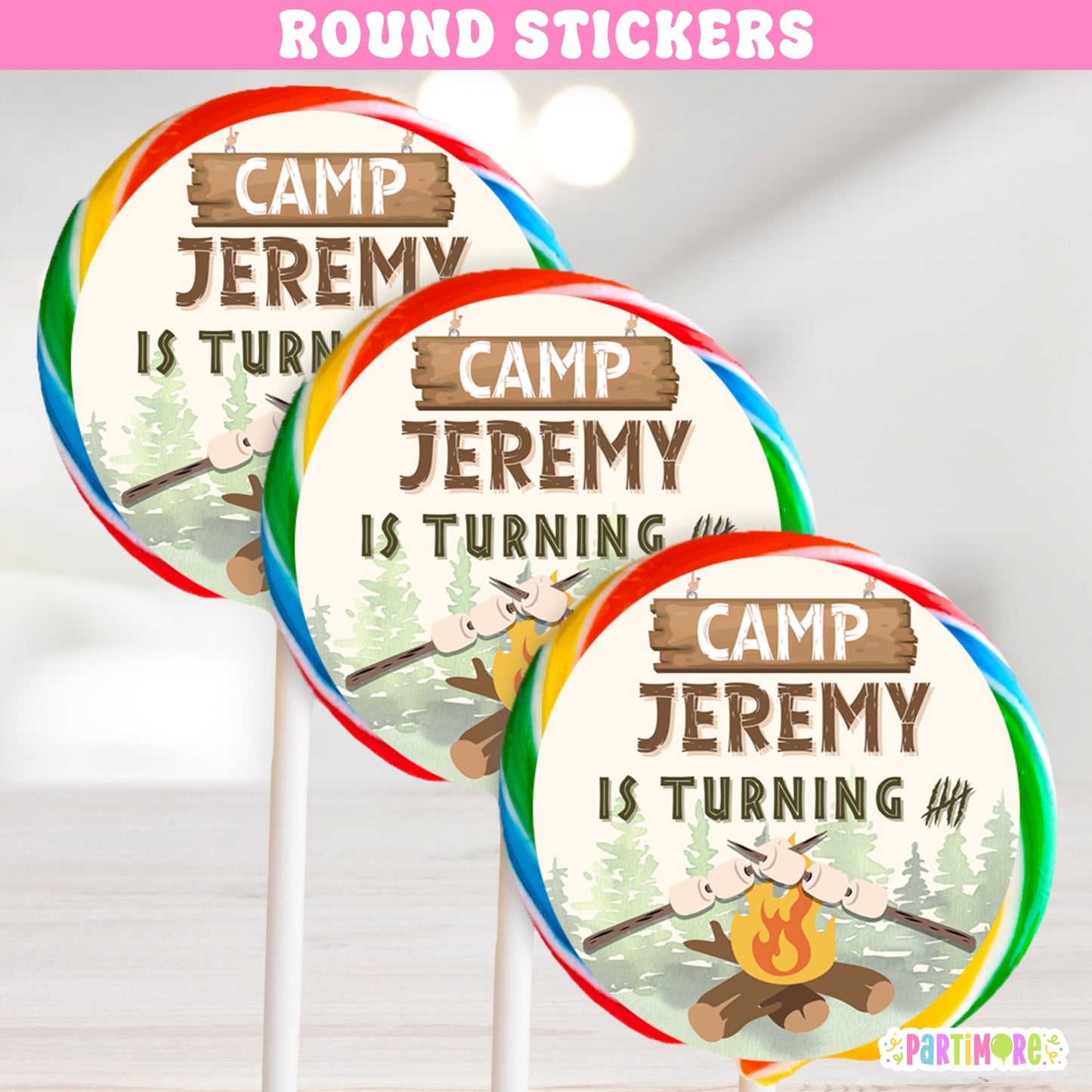 Custom Camping Round Lollipop Stickers | Outdoor Wilderness Adventure | One Happy Camper 1st Birthday Decorations