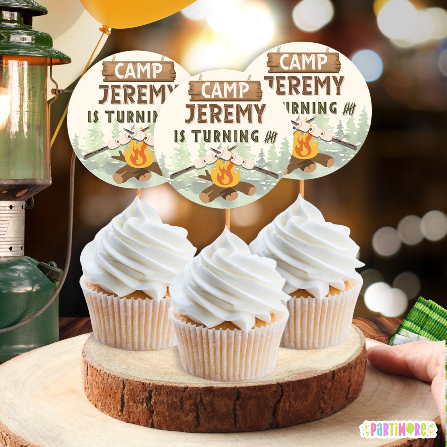 Personalized Camping Cupcake Toppers | Happy Camper Birthday Party Decorations