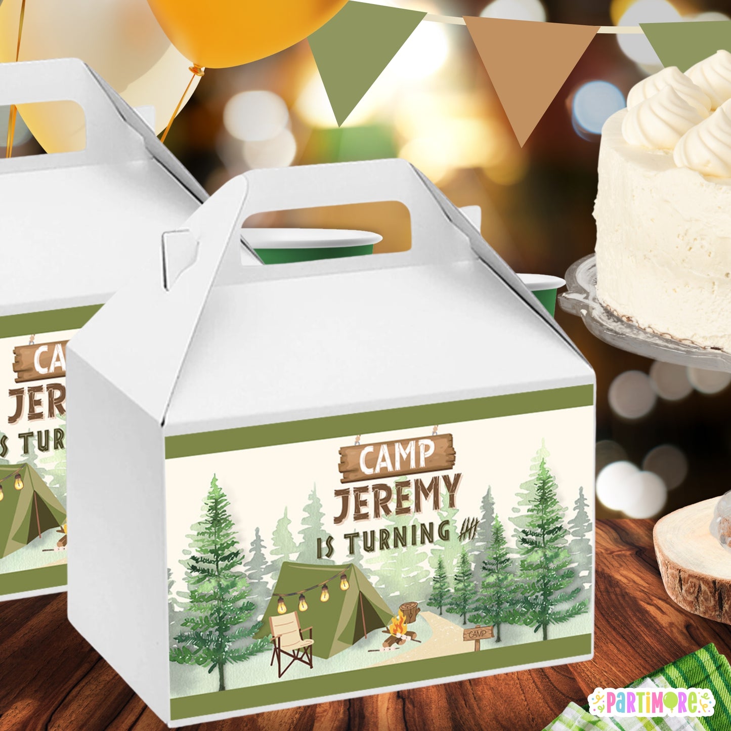 Personalized Camping Gable Box Stickers | One Happy Camper Birthday Party Favors