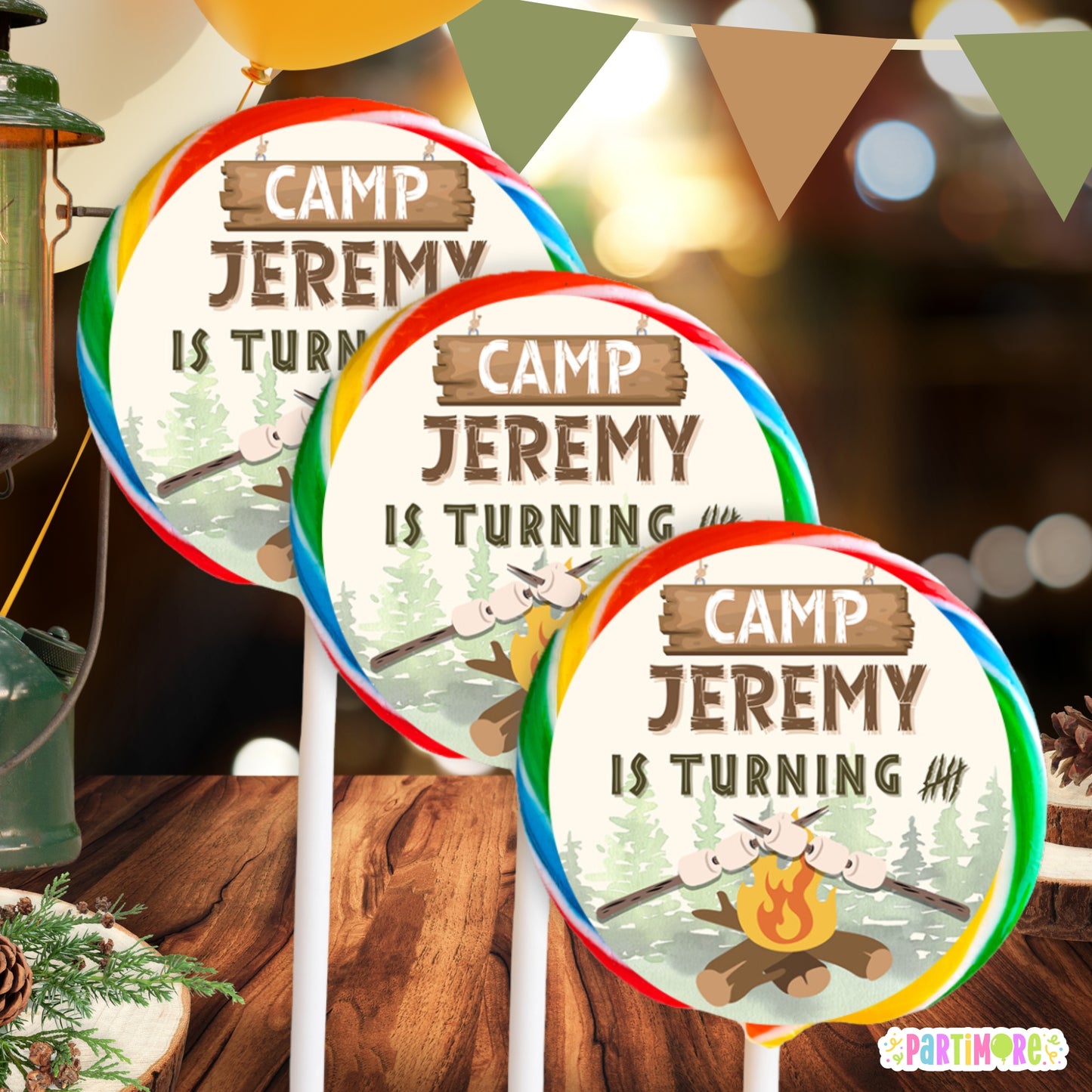 Custom Camping Round Lollipop Stickers | Outdoor Wilderness Adventure | One Happy Camper 1st Birthday Decorations