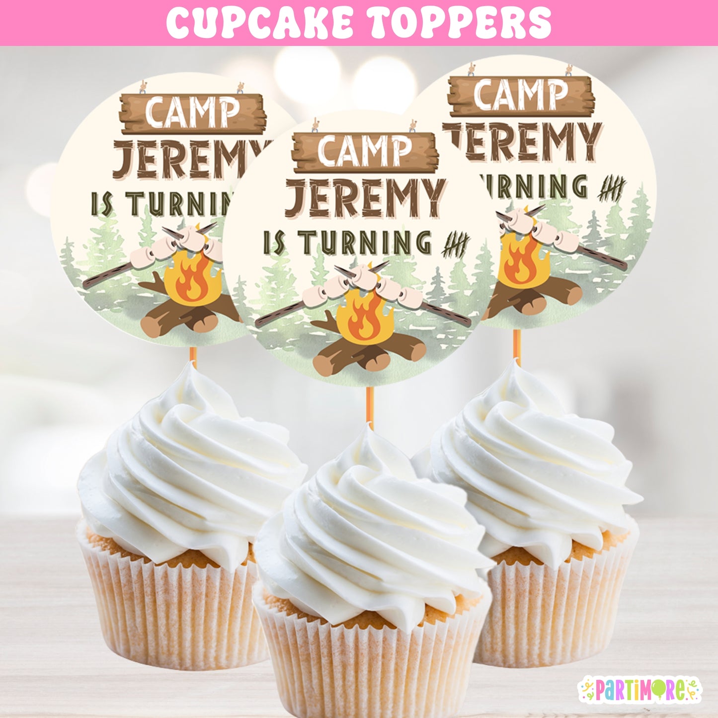 Personalized Camping Cupcake Toppers | Happy Camper Birthday Party Decorations