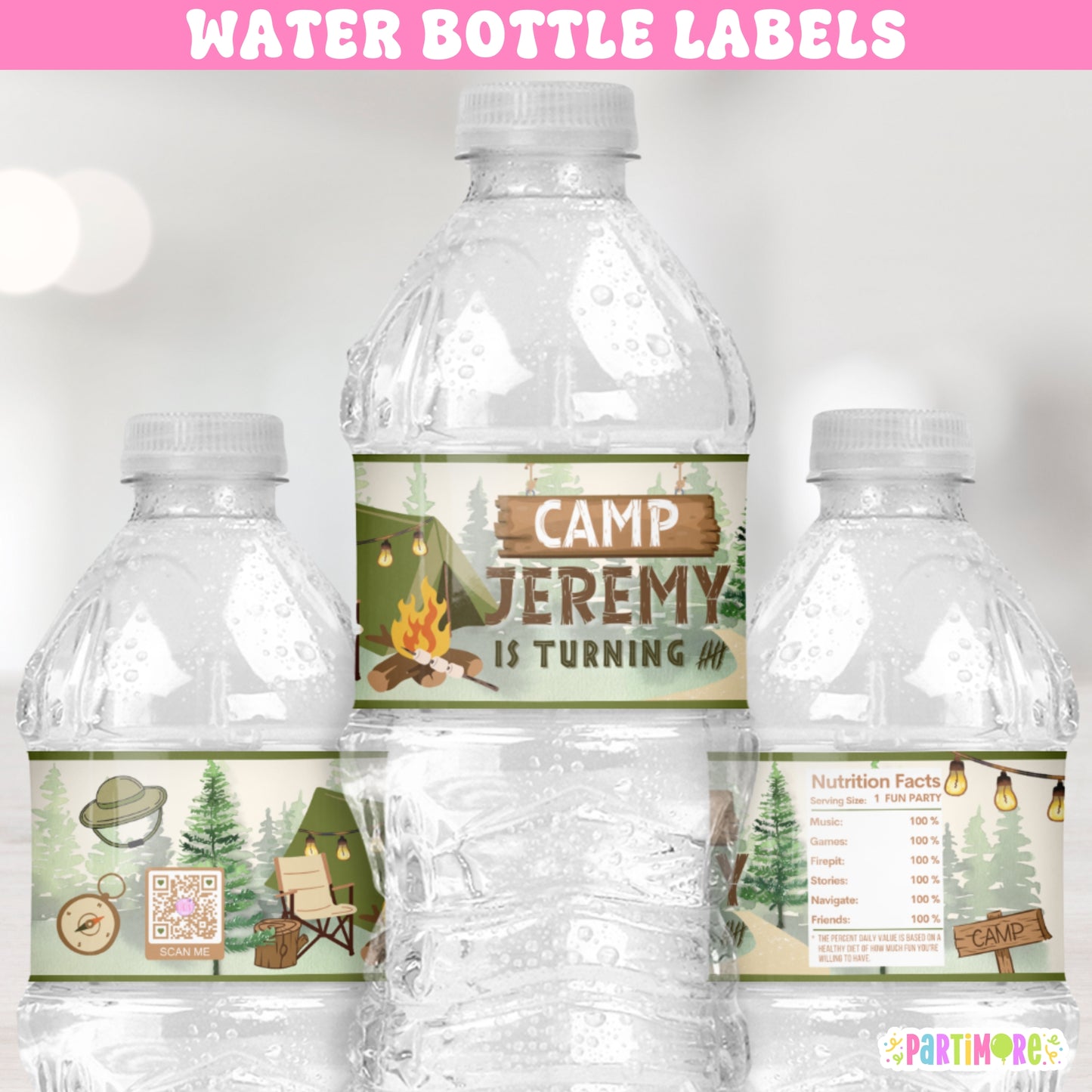 Personalized Camping Water Bottle Labels | Camp Birthday Party Favors | Smores Fire Pit Party Decor