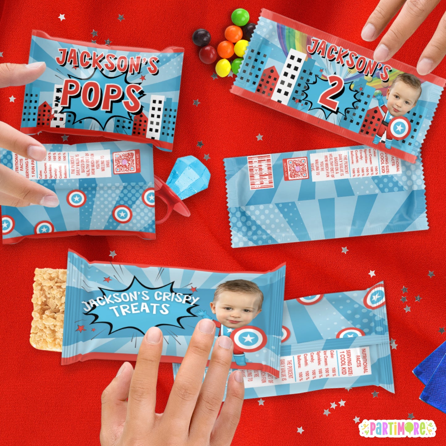 Custom American Superhero Candy Wrappers | Personalized Comic Birthday Party Favors