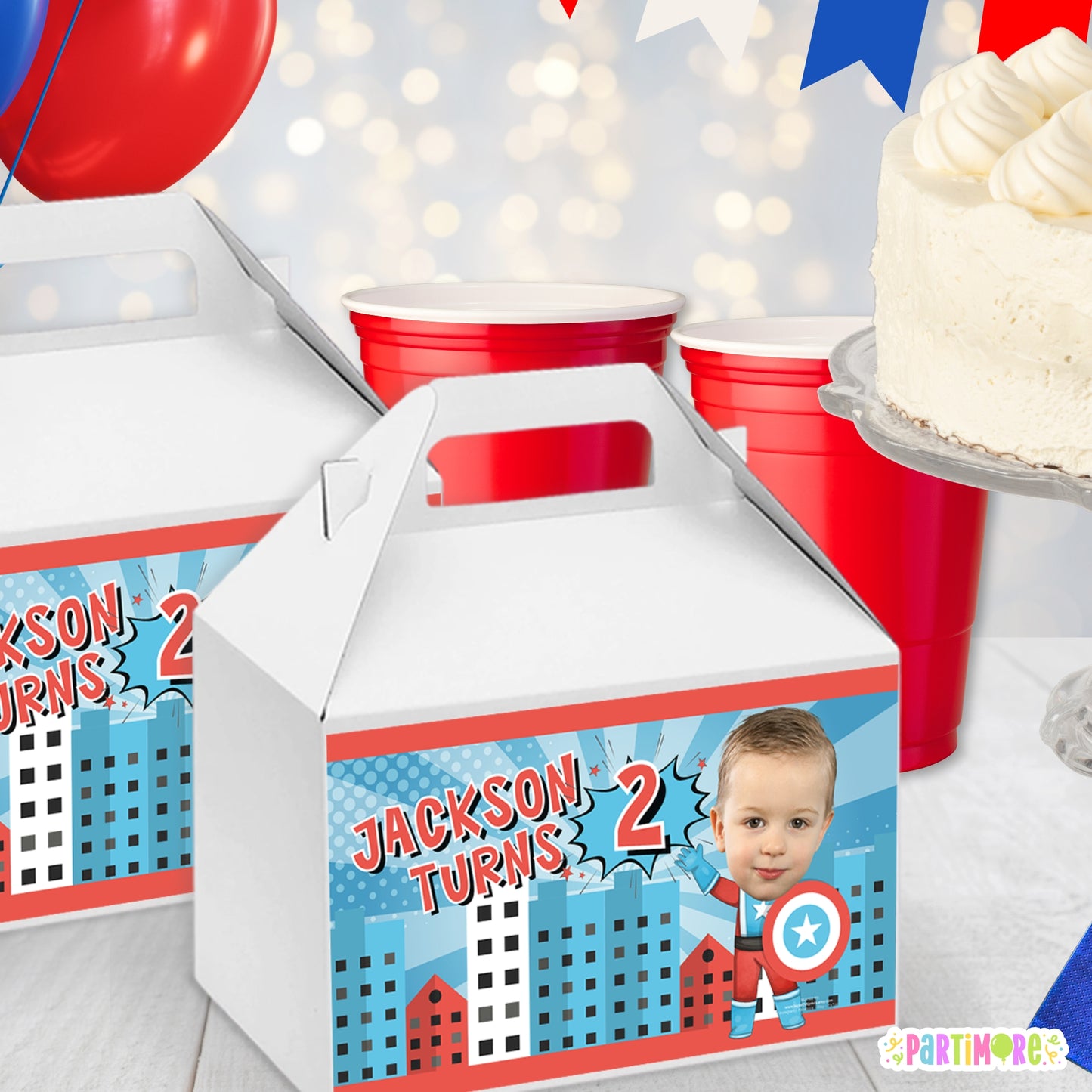 Personalized American Superhero Gable Box Labels | Personalized Comic Superhero Party Favor Stickers