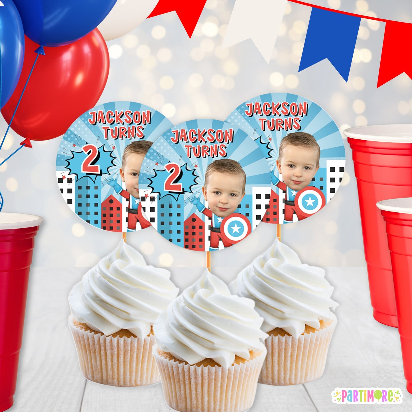Custom American Superhero Cupcake Toppers | Personalized Comic Party Decorations And Supplies