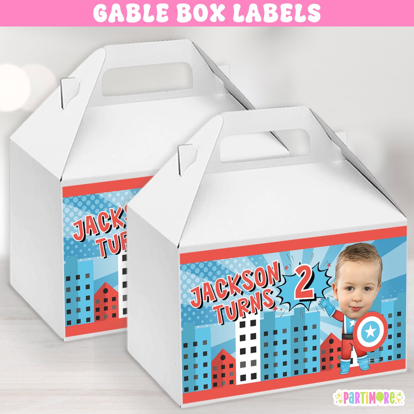Personalized American Superhero Gable Box Labels | Personalized Comic Superhero Party Favor Stickers