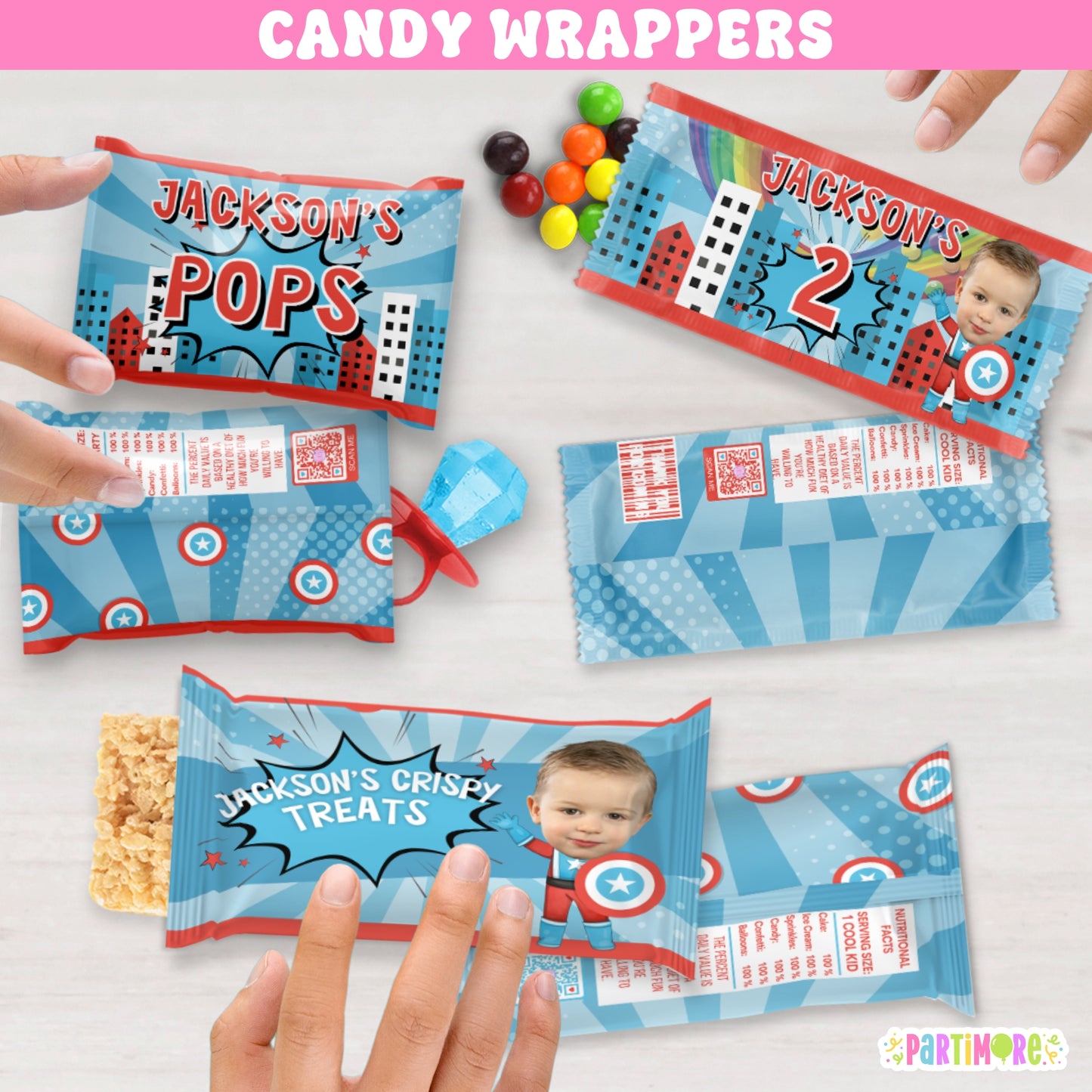 Custom American Superhero Candy Wrappers | Personalized Comic Birthday Party Favors