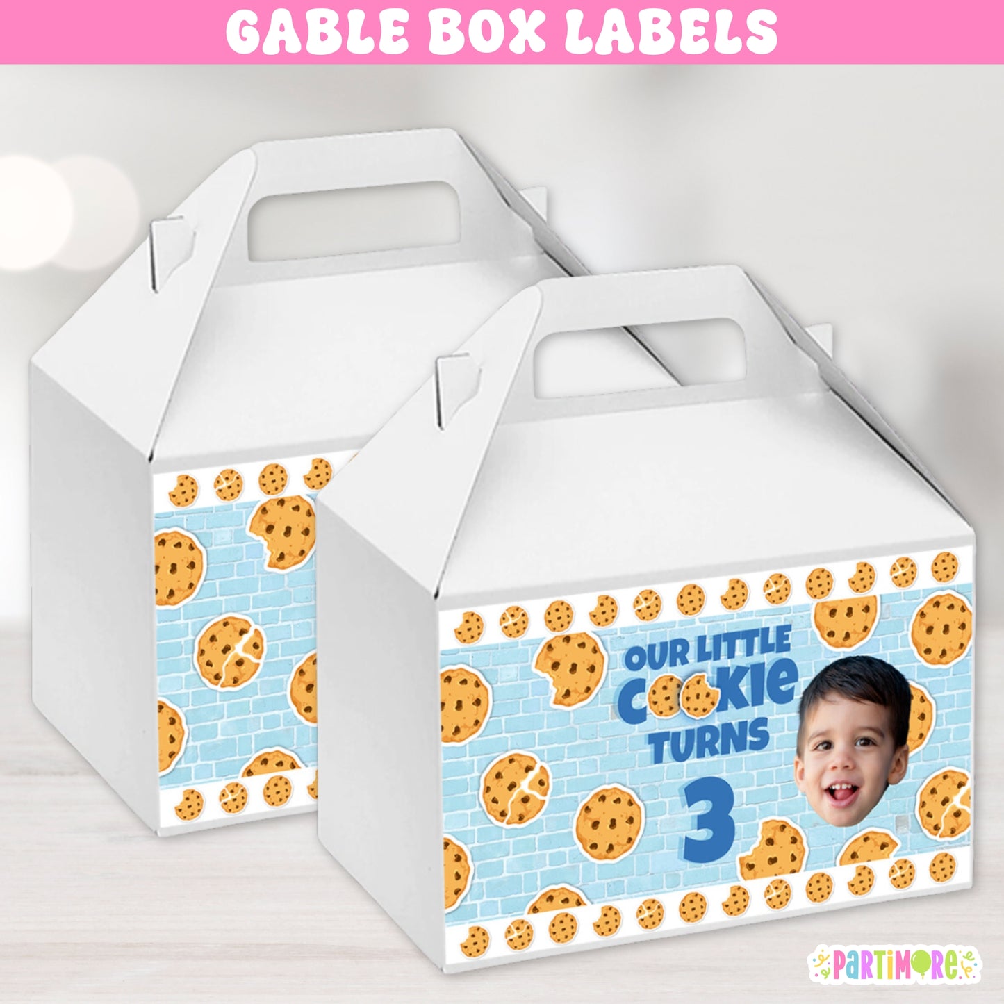 Milk and cookies birthday party gable box labels, cookie and milk carton favor box stickers personalized with name and age