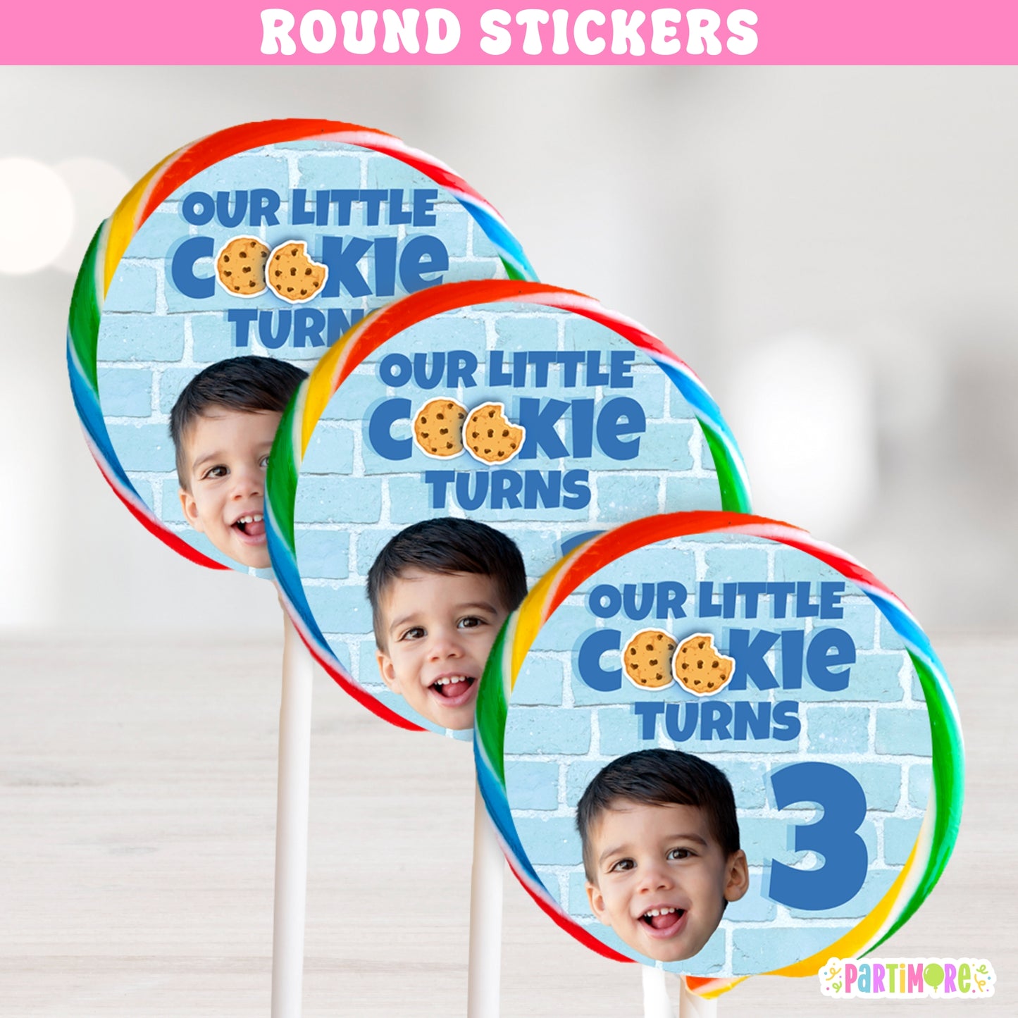 Cookies and milk lollipop labels, round birthday party stickers with chocolate chip cookie design personalized with name and age
