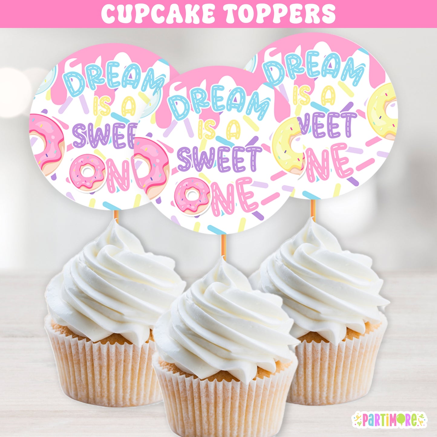 Girls Donut Cupcake Toppers | Custom First Birthday Party Favors | Two Sweet 2nd Birthday Decorations