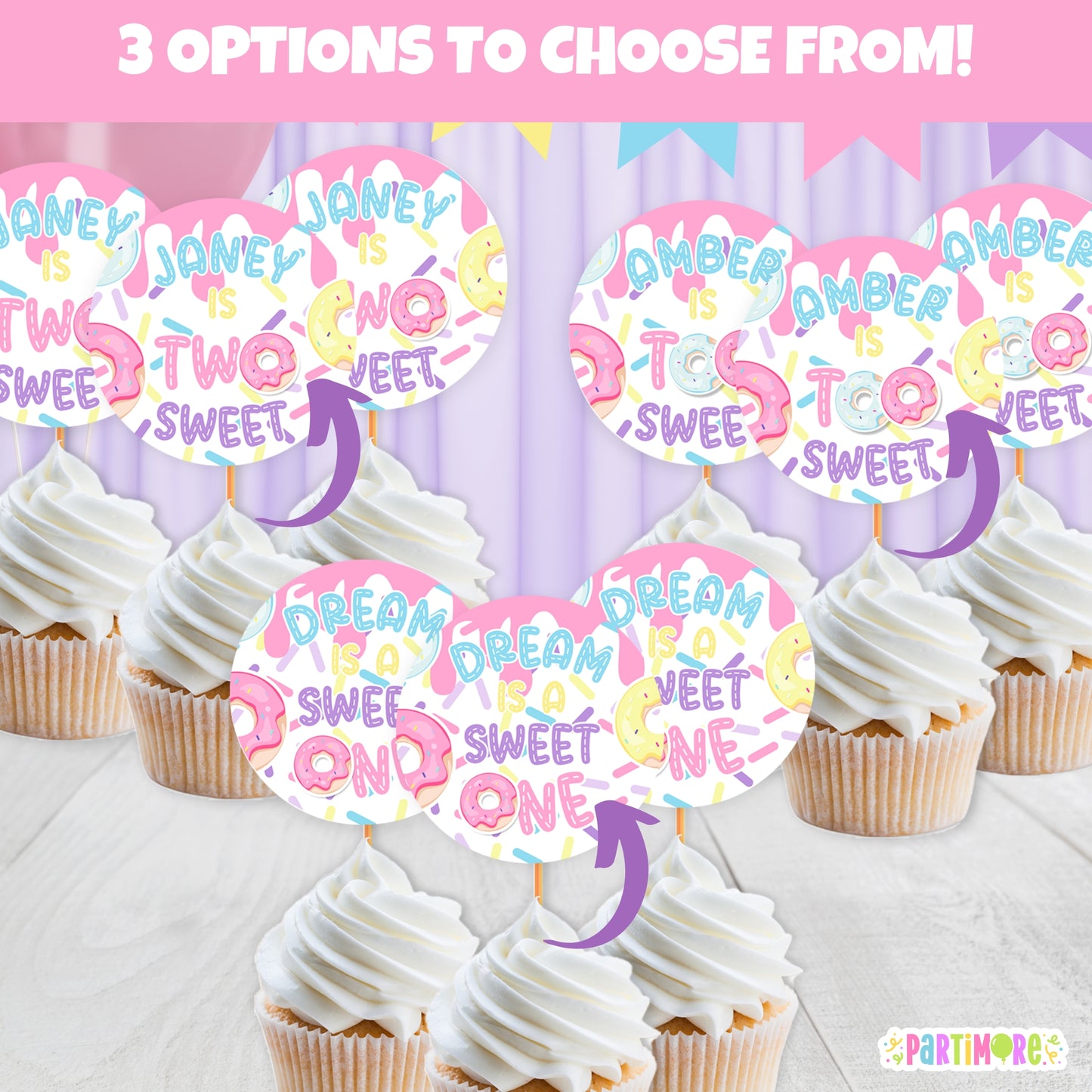 Girls Donut Cupcake Toppers | Custom First Birthday Party Favors | Two Sweet 2nd Birthday Decorations