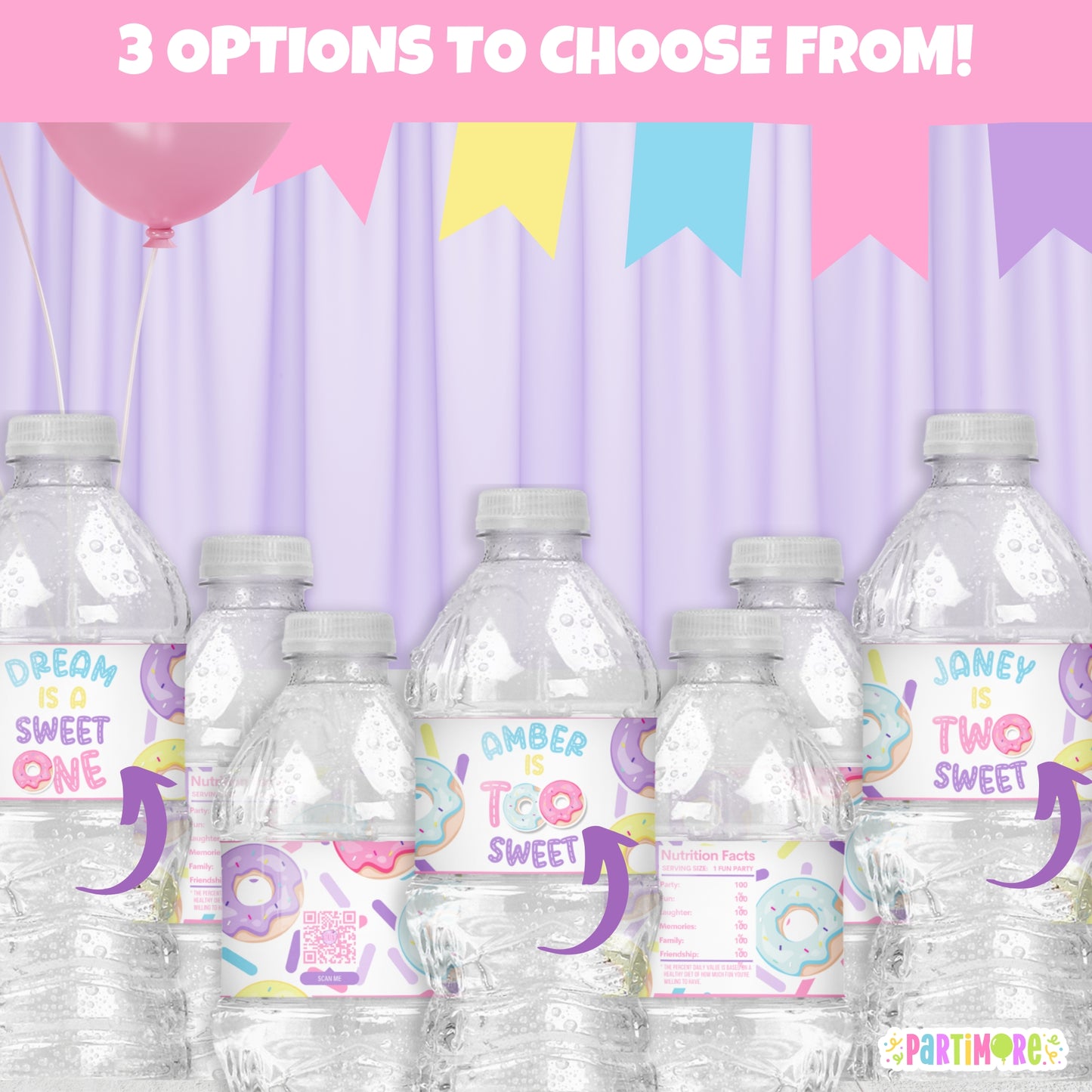 Personalized Donut Water Bottle Labels | Custom Girls Donut Themed Birthday Party Favor Stickers