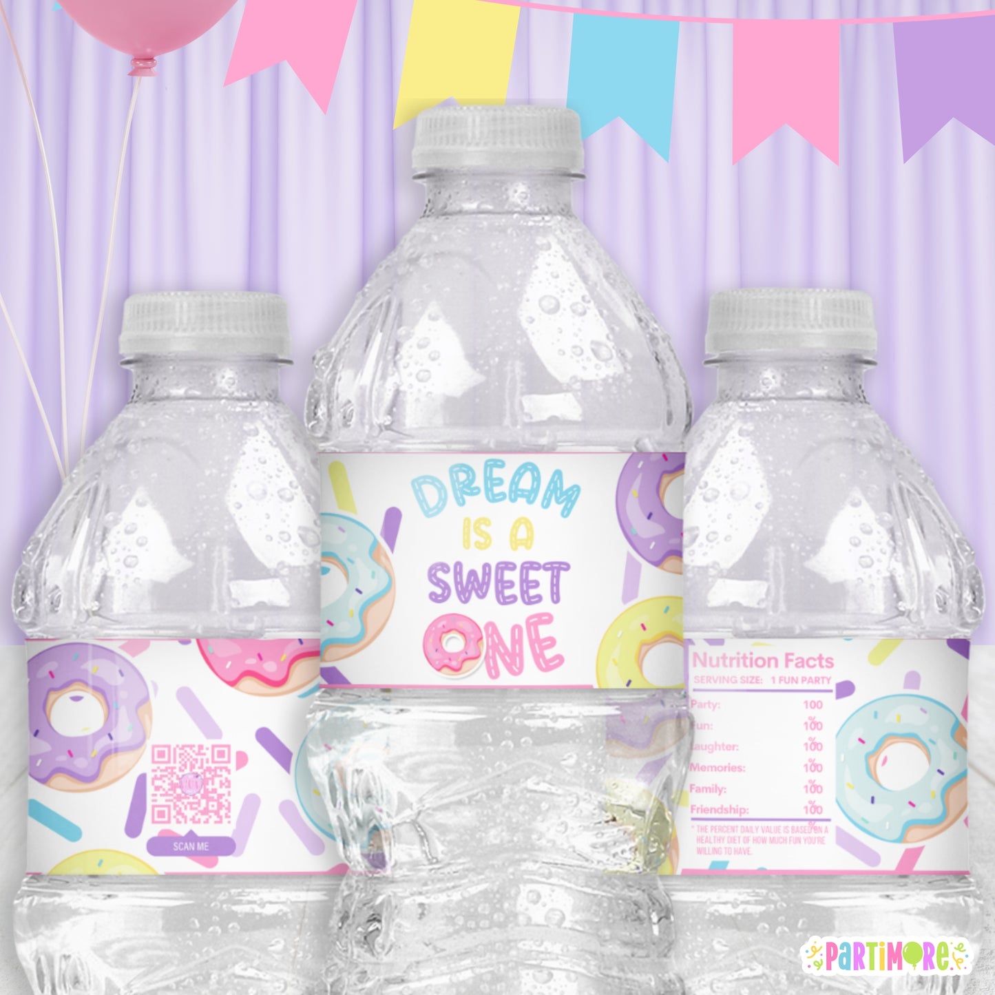 Personalized Donut Water Bottle Labels | Custom Girls Donut Themed Birthday Party Favor Stickers