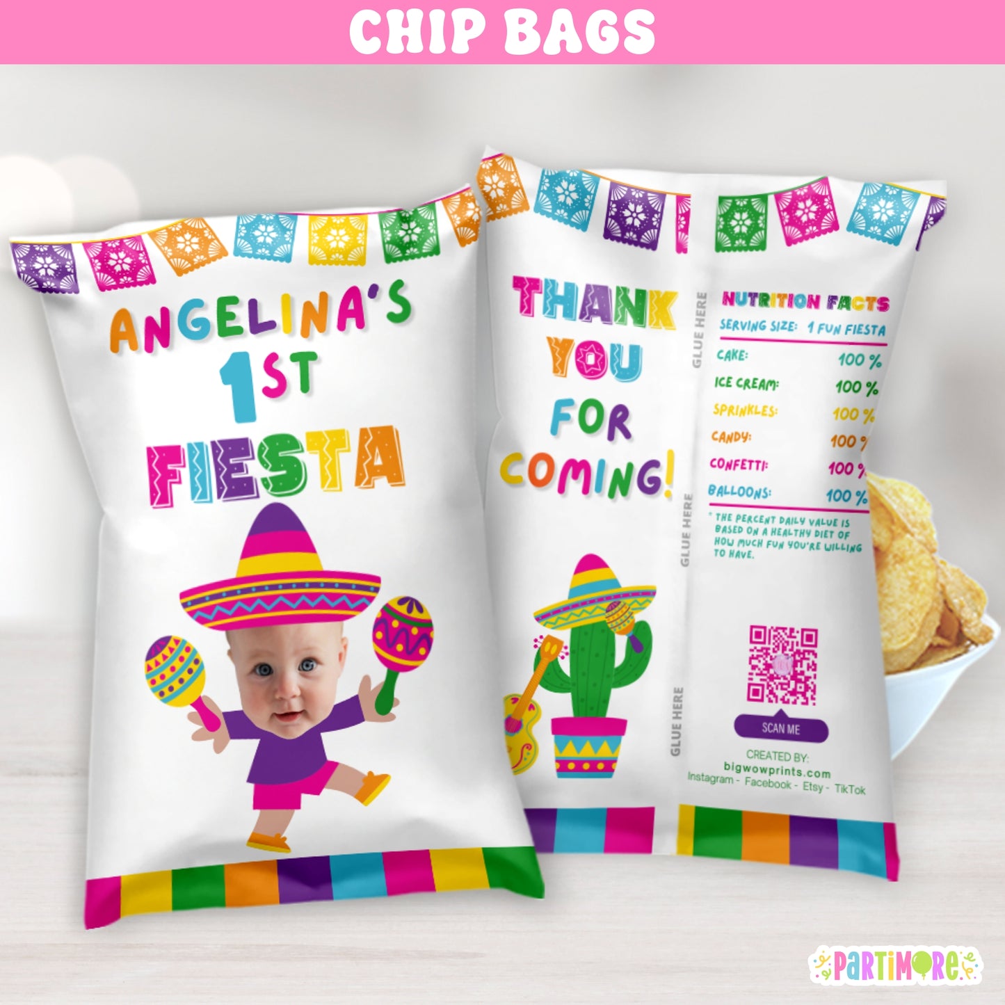 Girly fiesta birthday custom chip bag favor in pink, blue, purple, green, and yellow with sombrero, maracas, and floral cactus design – custom printable snack bag for girls’ Mexican birthday or taco party
