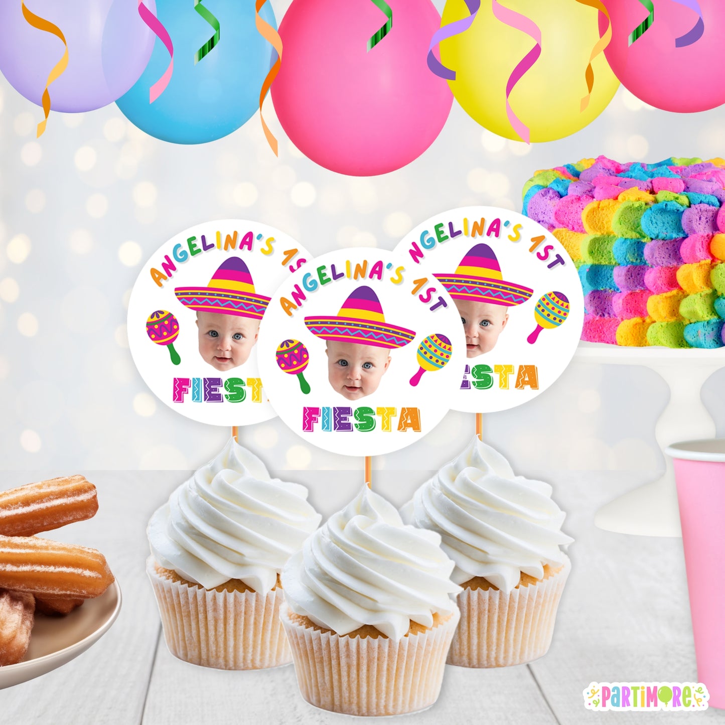 Custom Girl Fiesta Cupcake Toppers | Personalized Cinco De May Party Favors | Three-esta Birthday Decorations