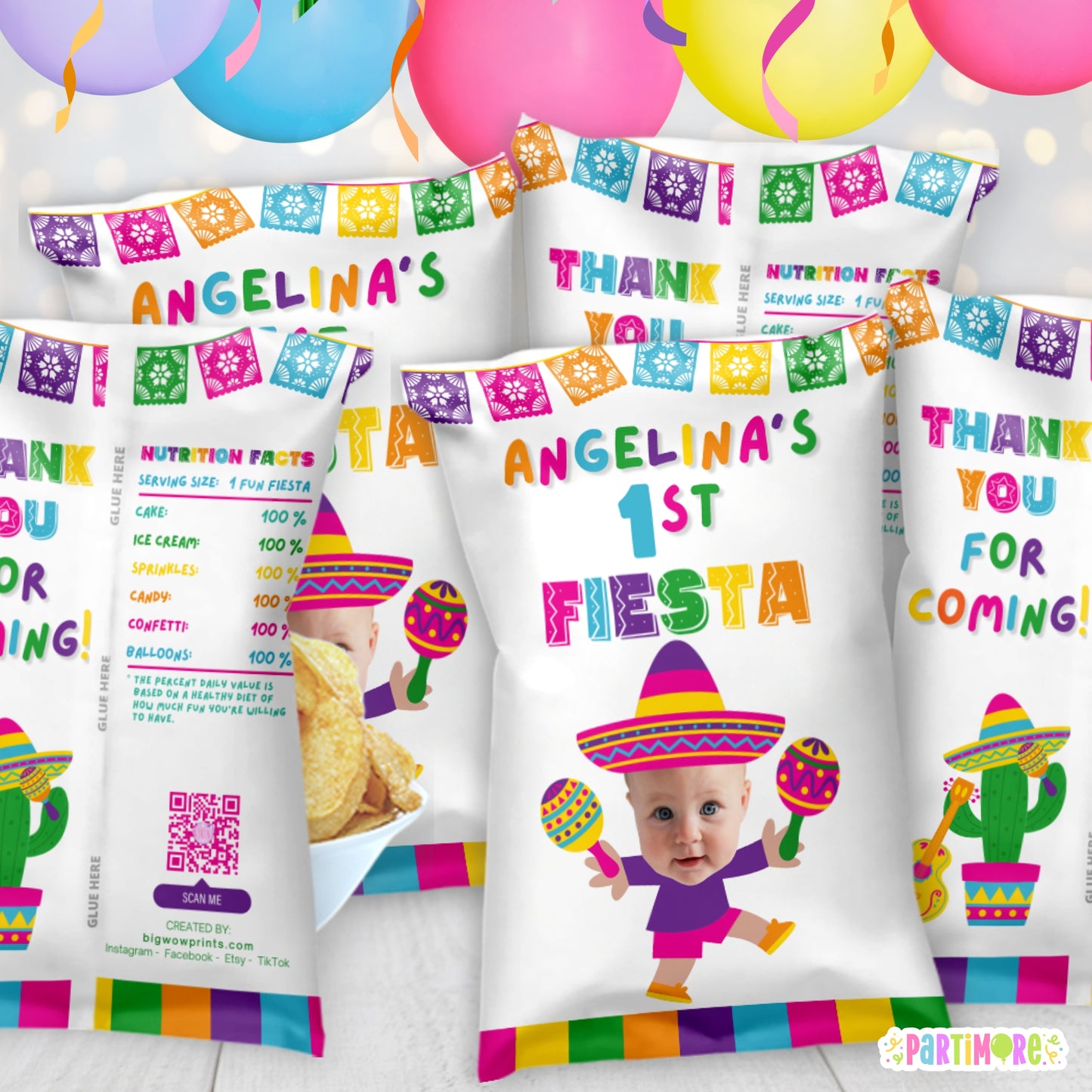 Girls Fiesta Chip Bag Party Favors | Personalized 3rd Birthday Three-esta Snack Bags
