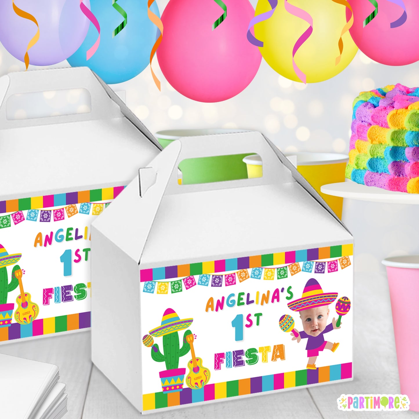 Girls Fiesta Party Gable Box Labels | Personalized Cinco De Mayo 3rd Birthday Decor| Three-esta Party Favors