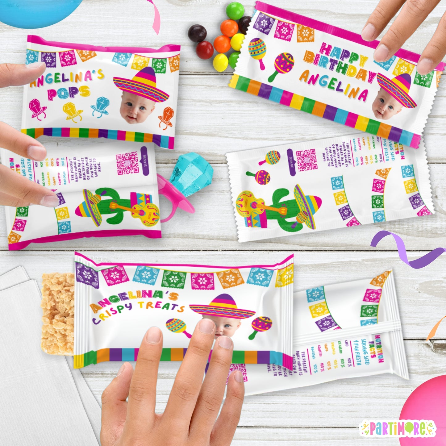 Custom Fiesta Candy Wrappers | Personalized Cinco De Mayo Party Favor Stickers | Three-esta 3rd Birthday Decor