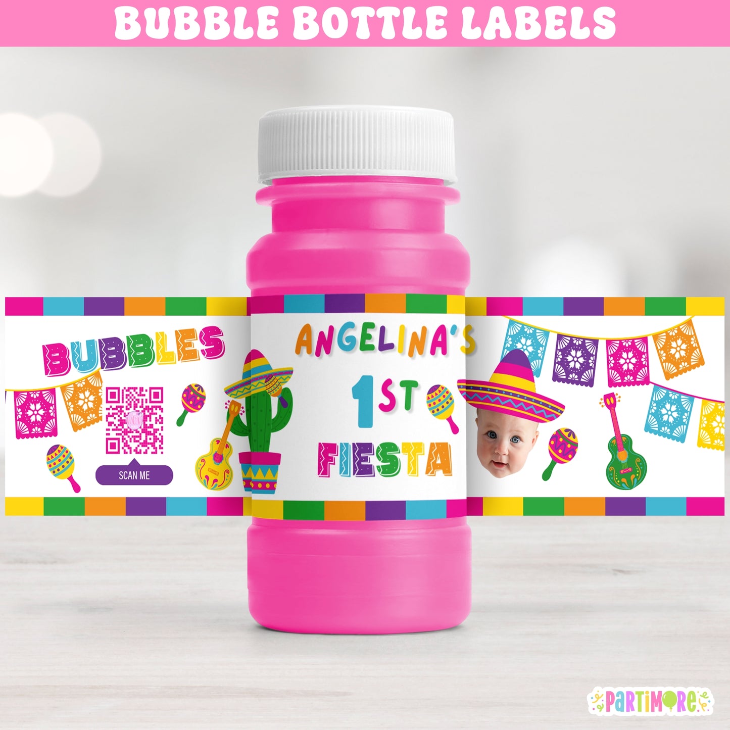 Fiesta bubble bottle label in girly pink, blue and yellow with sombrero, maracas, and floral cactus – playful favors for girls’ Mexican birthday part