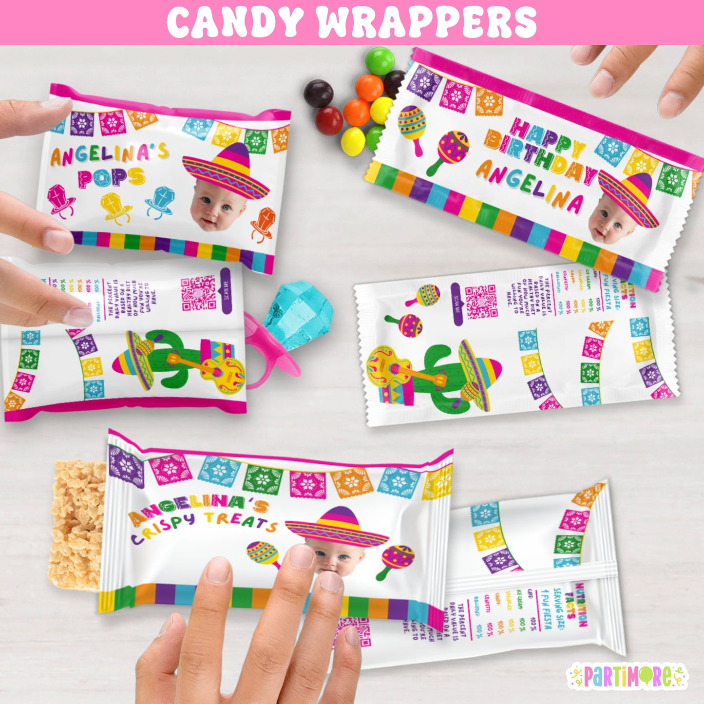 Fiesta birthday candy wrapper in bright girly colors with sombrero, maracas, and floral cactus –party favor wrap for girls’ Mexican birthday celebration