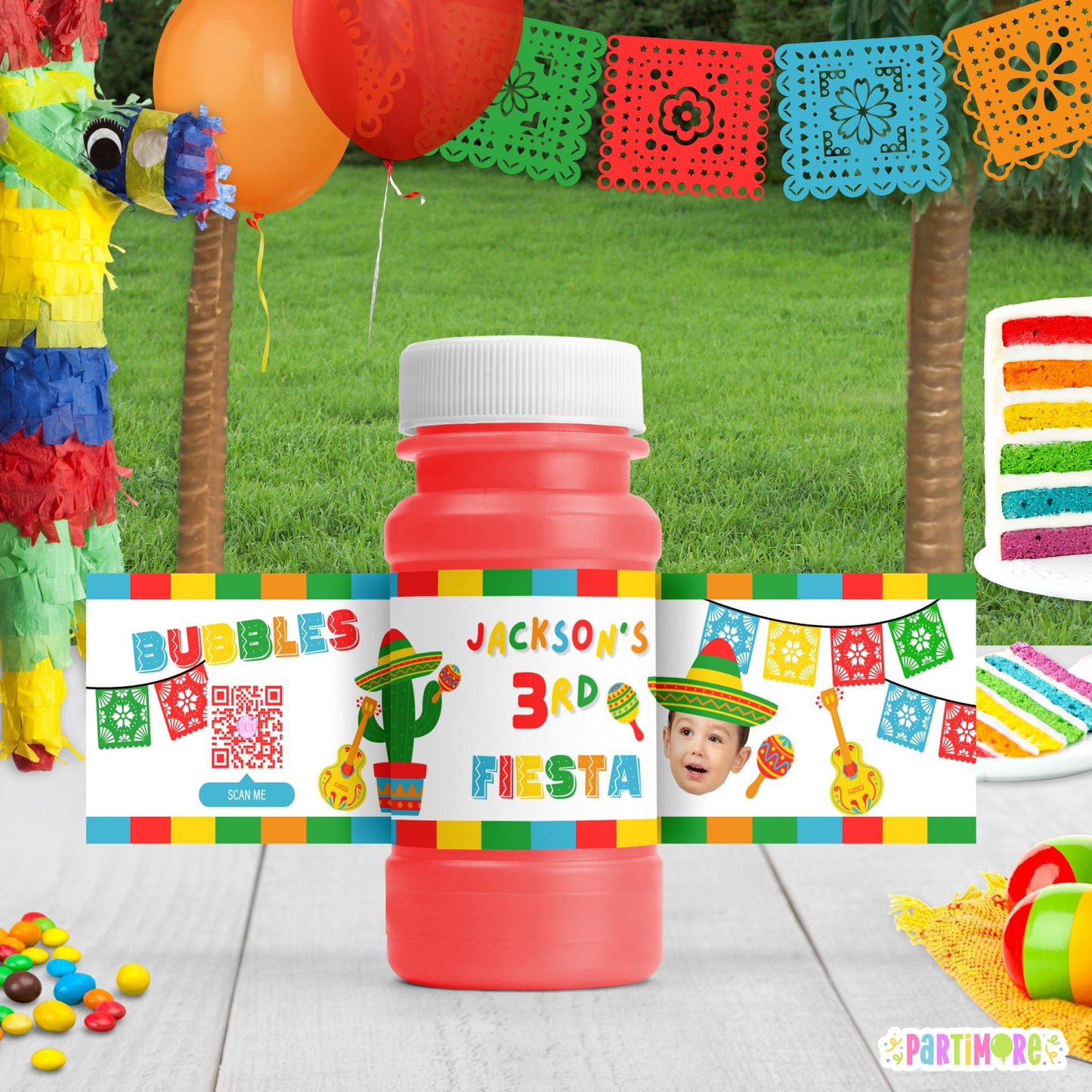 Fiesta Bubble Bottle Labels | Personalized Boys Three-esta 3rd Birthday Party Favors