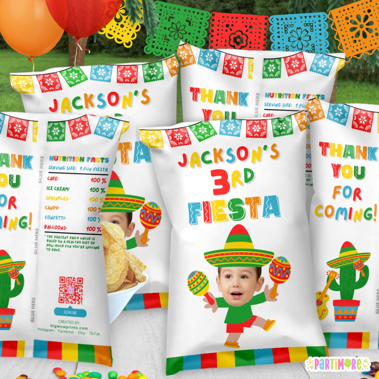 Fiesta Chip Bags | Personalized Cinco De Mayo Papel Decorations | 3rd Birthday Party Favors Snack Bags