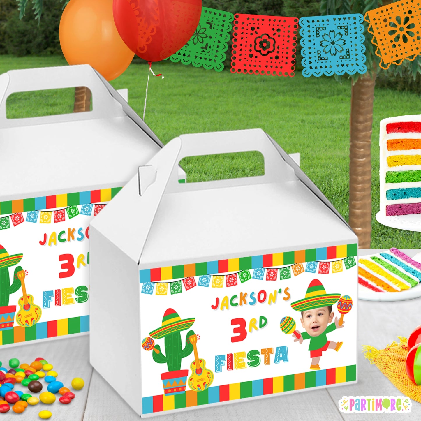 Fiesta Party Gable Box Labels | Personalized Boys Three-esta 3rd Birthday | Cinco De Mayo Party Favor Labels