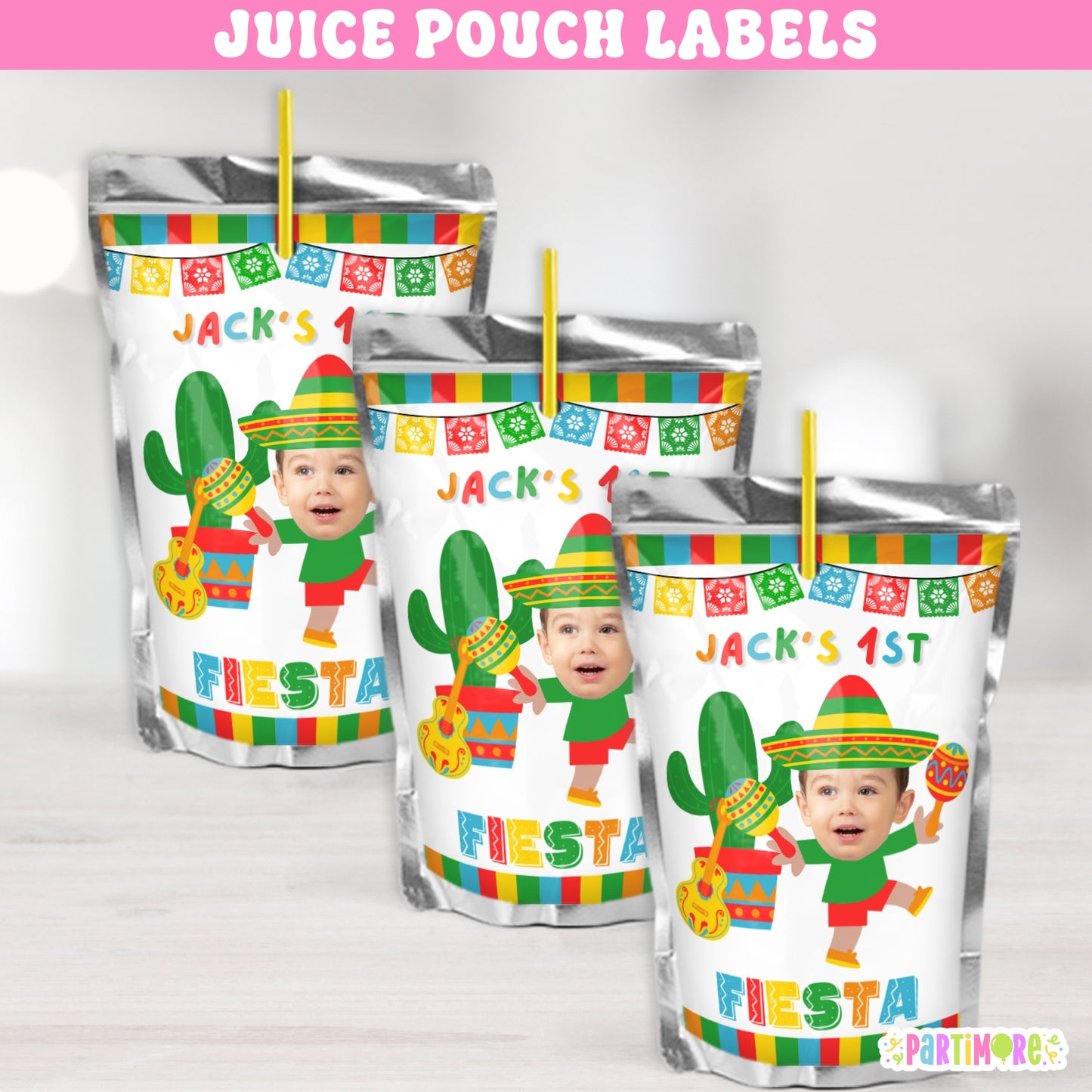 Mexican fiesta juice pouch label with sombrero, maracas, guitar and colorful papel picado banner – boys’ birthday or Cinco de Mayo drink pouch stickers