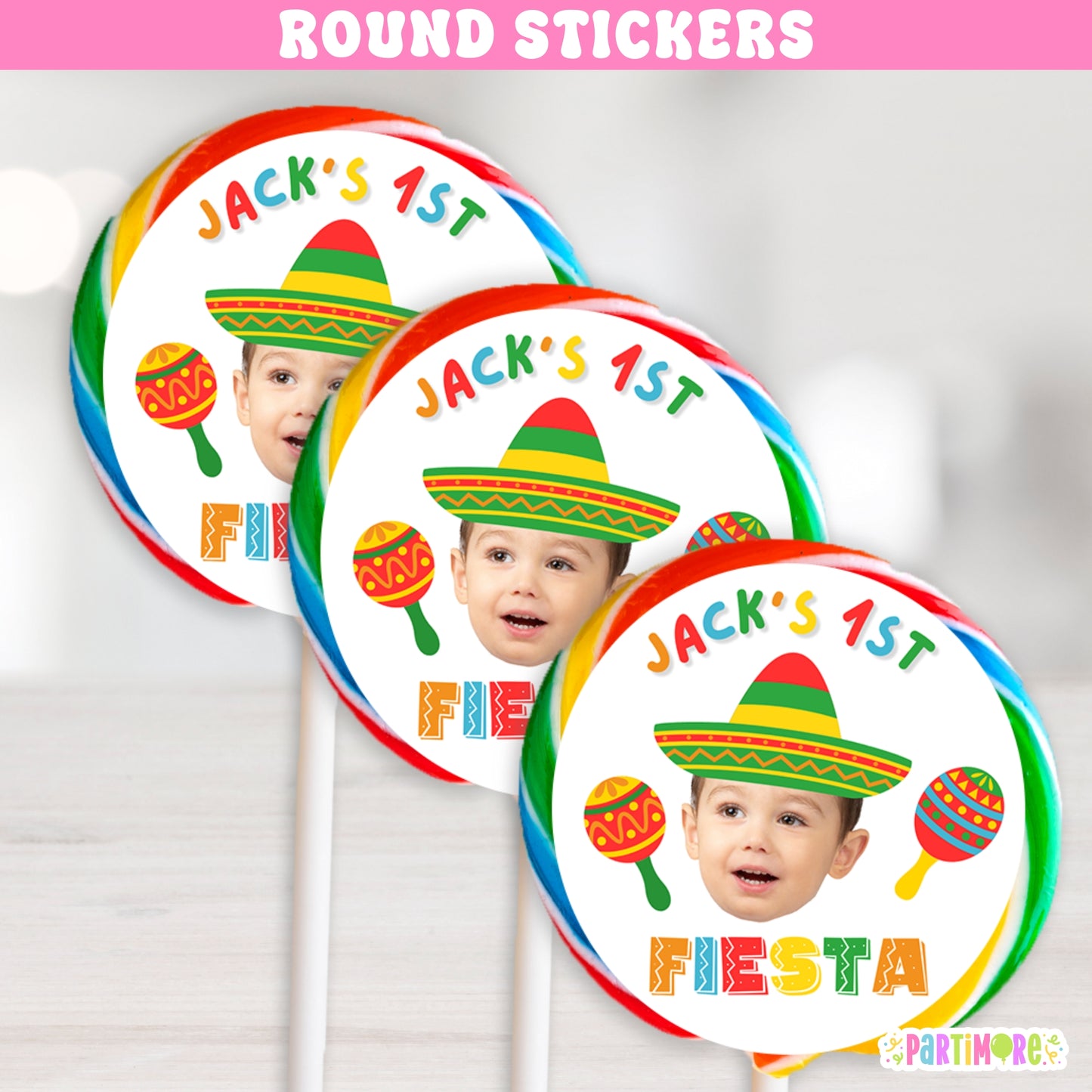 Round Fiesta birthday favor sticker in bold traditional colors with sombrero, and maracas – Mexican fiesta party label for boys and girls