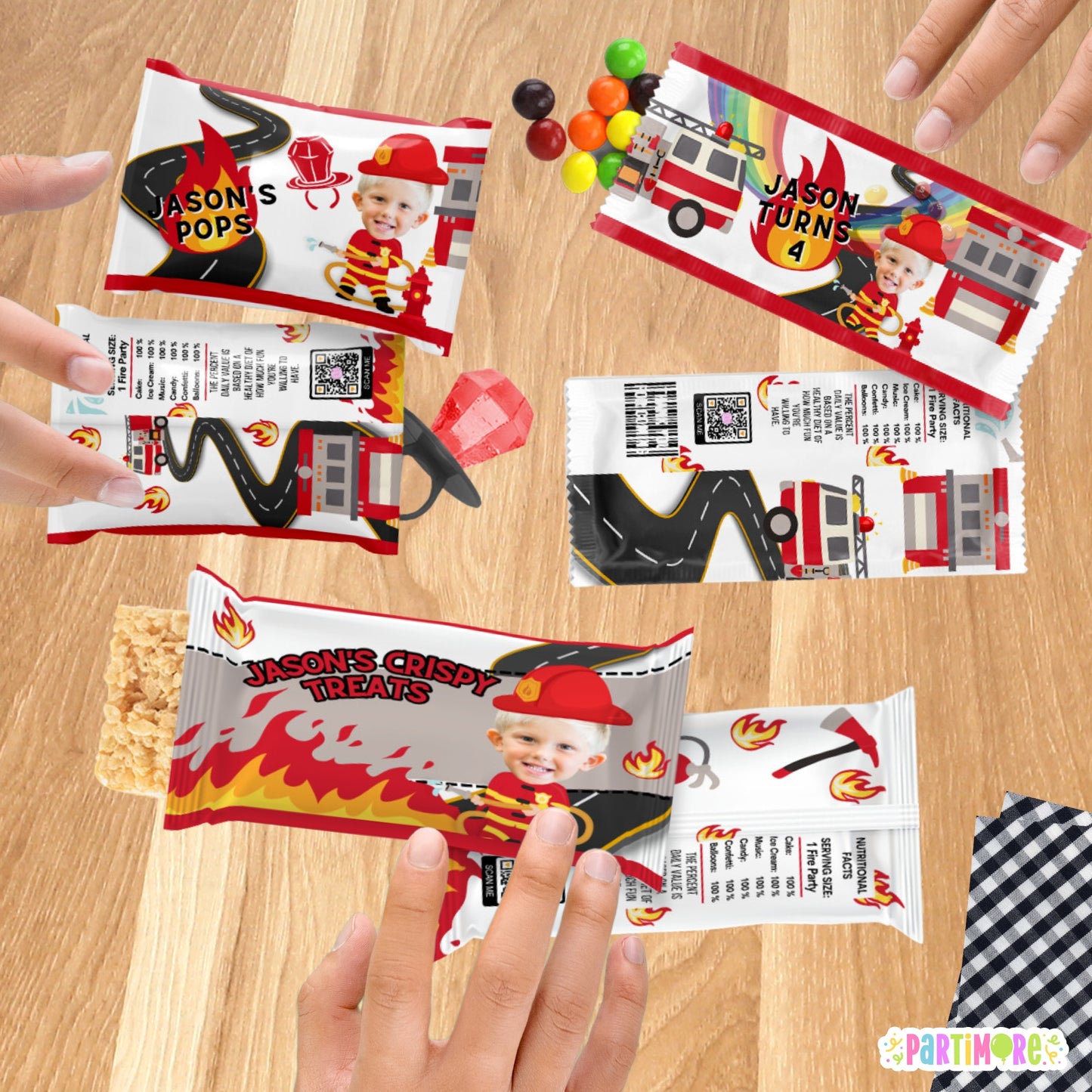 Personalized Firefighter Candy Wrappers | Custom Photo Firefighter With Hat | Firetruck Birthday Party Favors