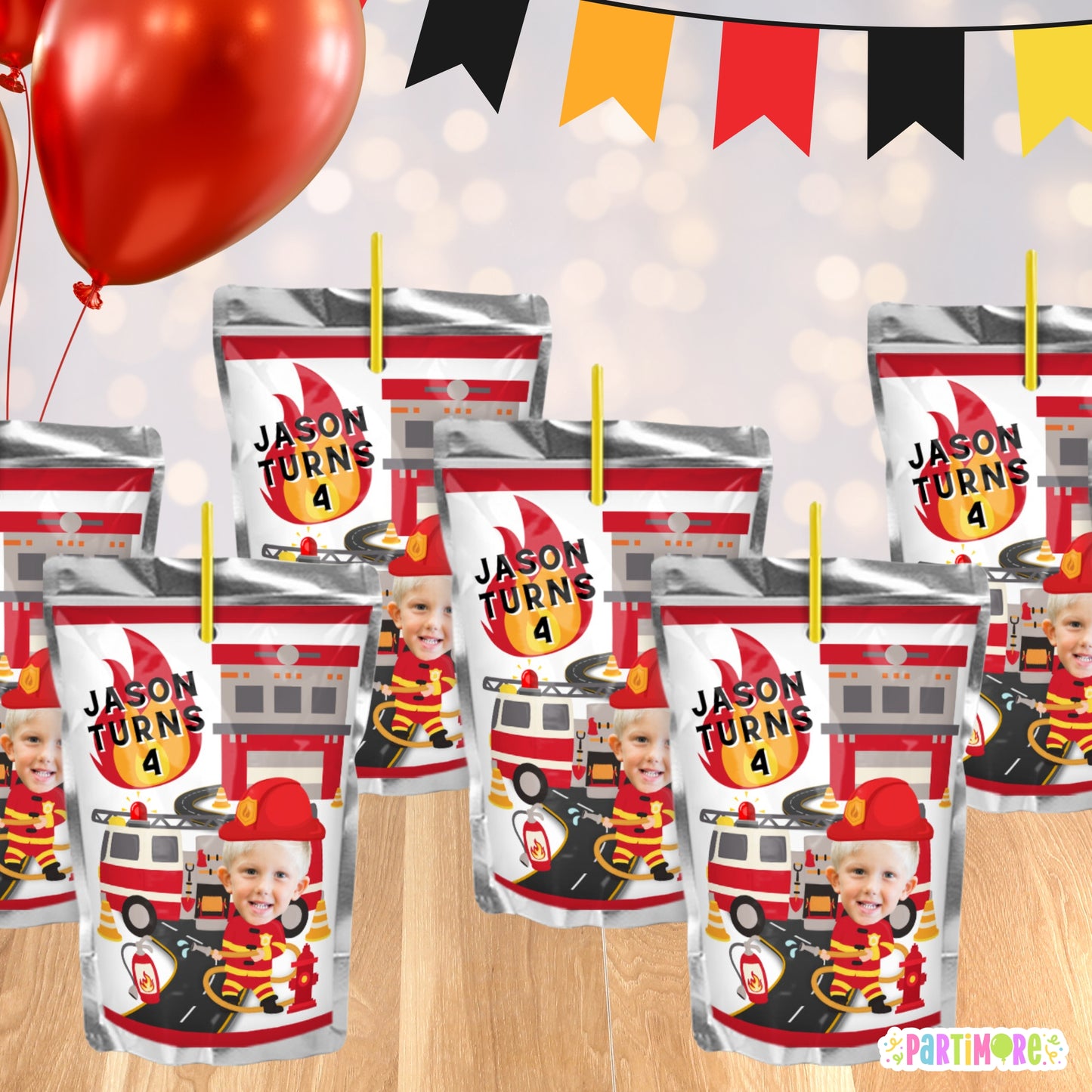 Personalized Firefighter Juice Pouch Labels |Custom Firetruck Birthday Party Decor