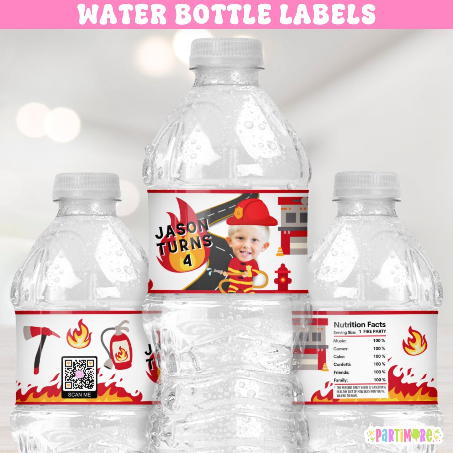 Custom Firefighter Water Bottle Labels | Personalized Firetruck Birthday Party Favors and Supplies