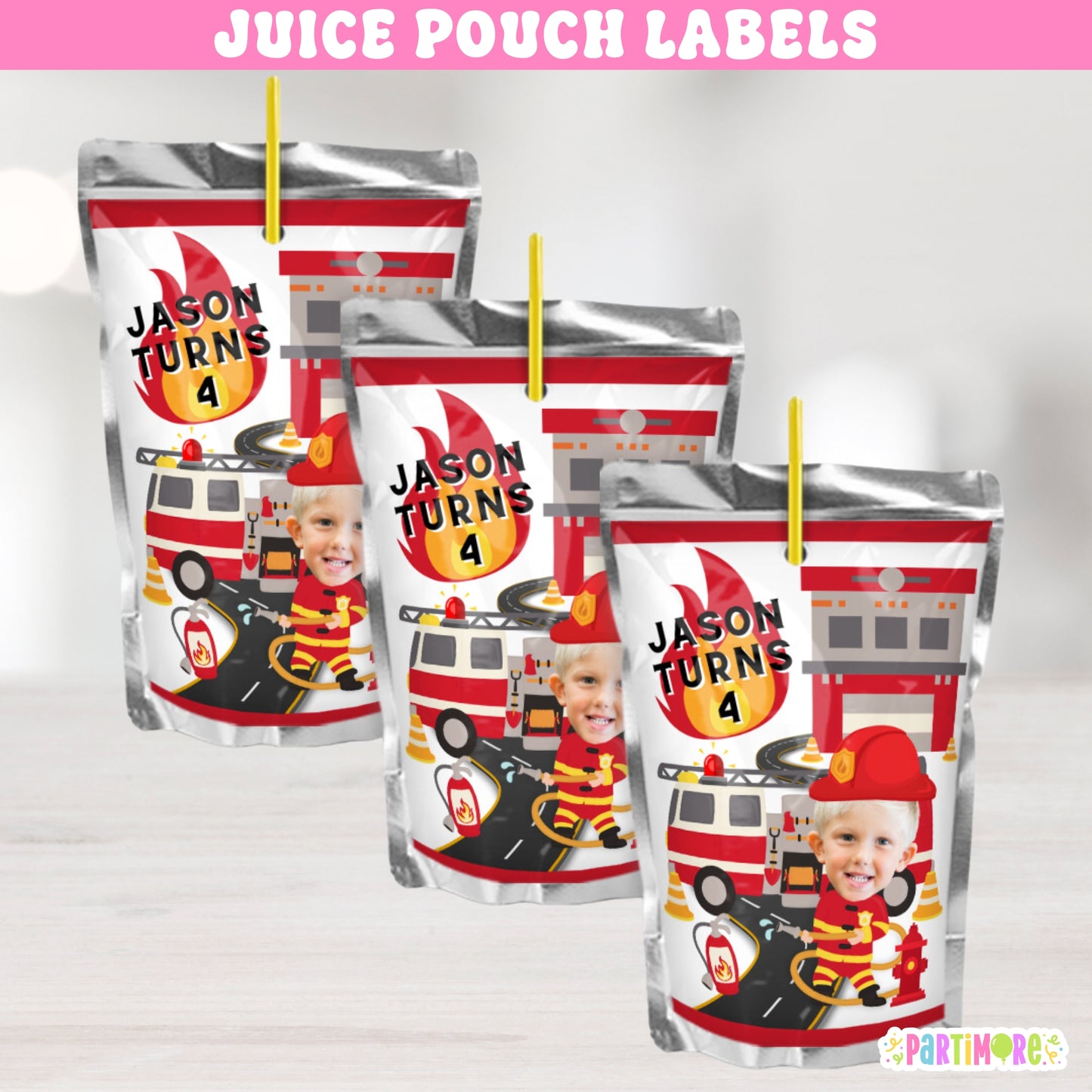 Personalized Firefighter Juice Pouch Labels |Custom Firetruck Birthday Party Decor