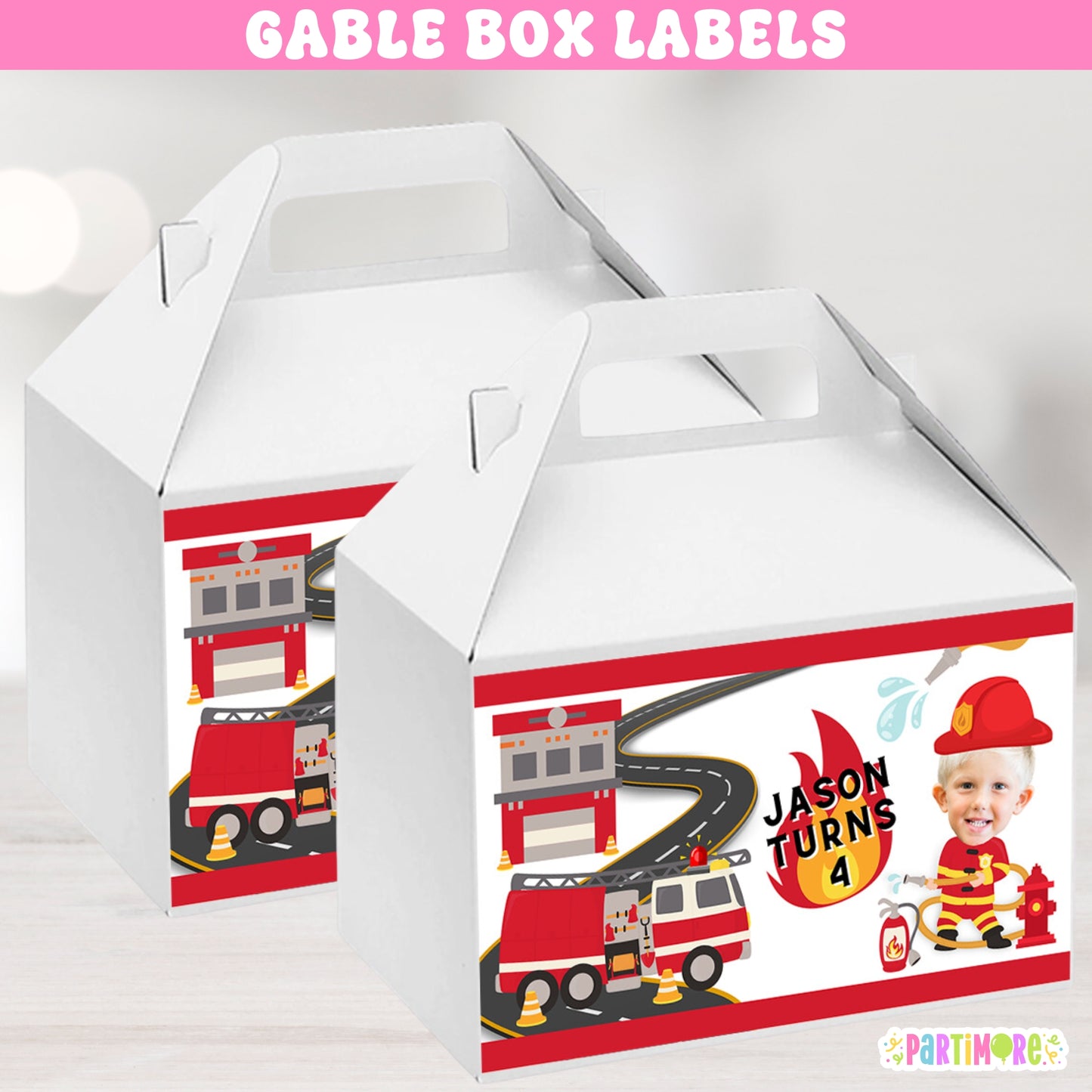 Custom Firefighter Gable Box Stickers | Personalized Firetruck Birthday | Firefighter Birthday Party Favors