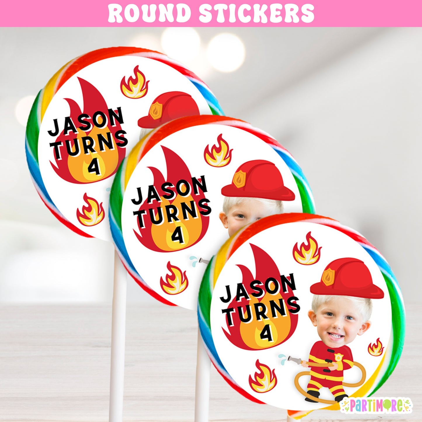 Personalized Firefighter Lollipop Stickers | Firetruck Party Favor