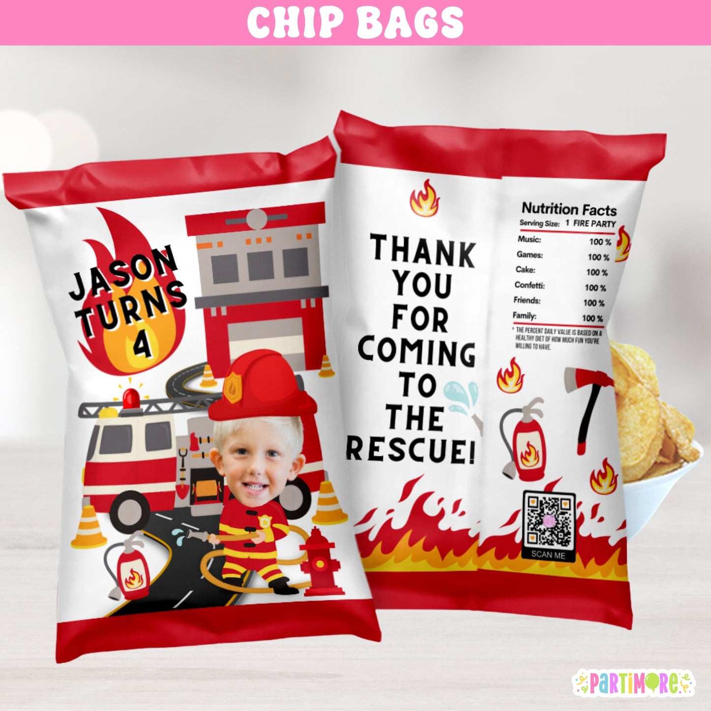 Custom Firefighter Chip Bags | Personalized Firetruck Birthday Party Favor Snack Bags | Fireman Birthday Ideas