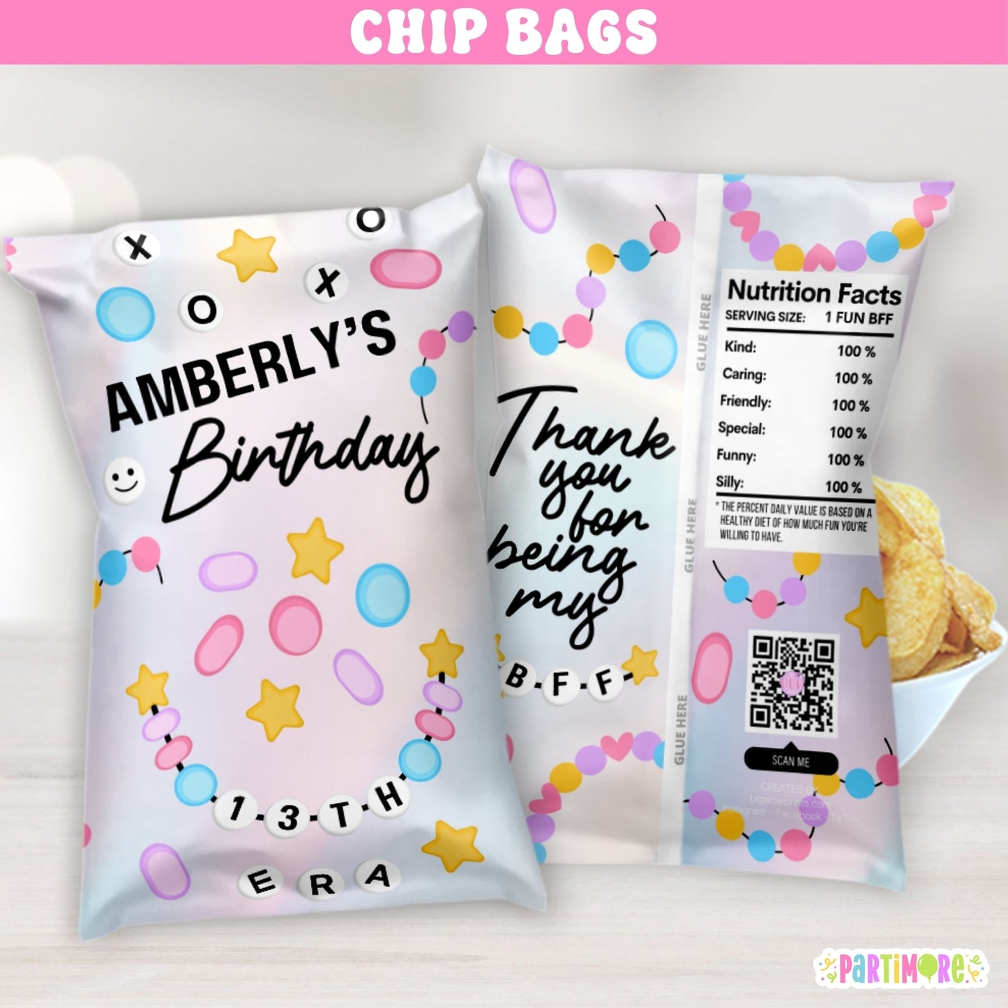 Friendship Bracelet birthday party chip bags with custom name and age, colorful beaded design, printed snack wrappers.