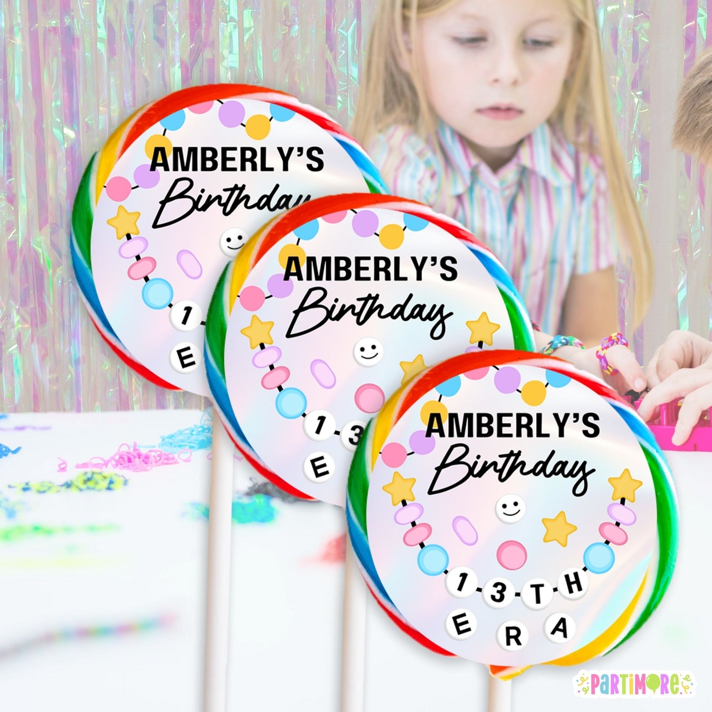 friendship bracelet party decor lollipop with personalized round sticker customized with guest of honor's name and age with "era" text displayed below in true taylor fashion